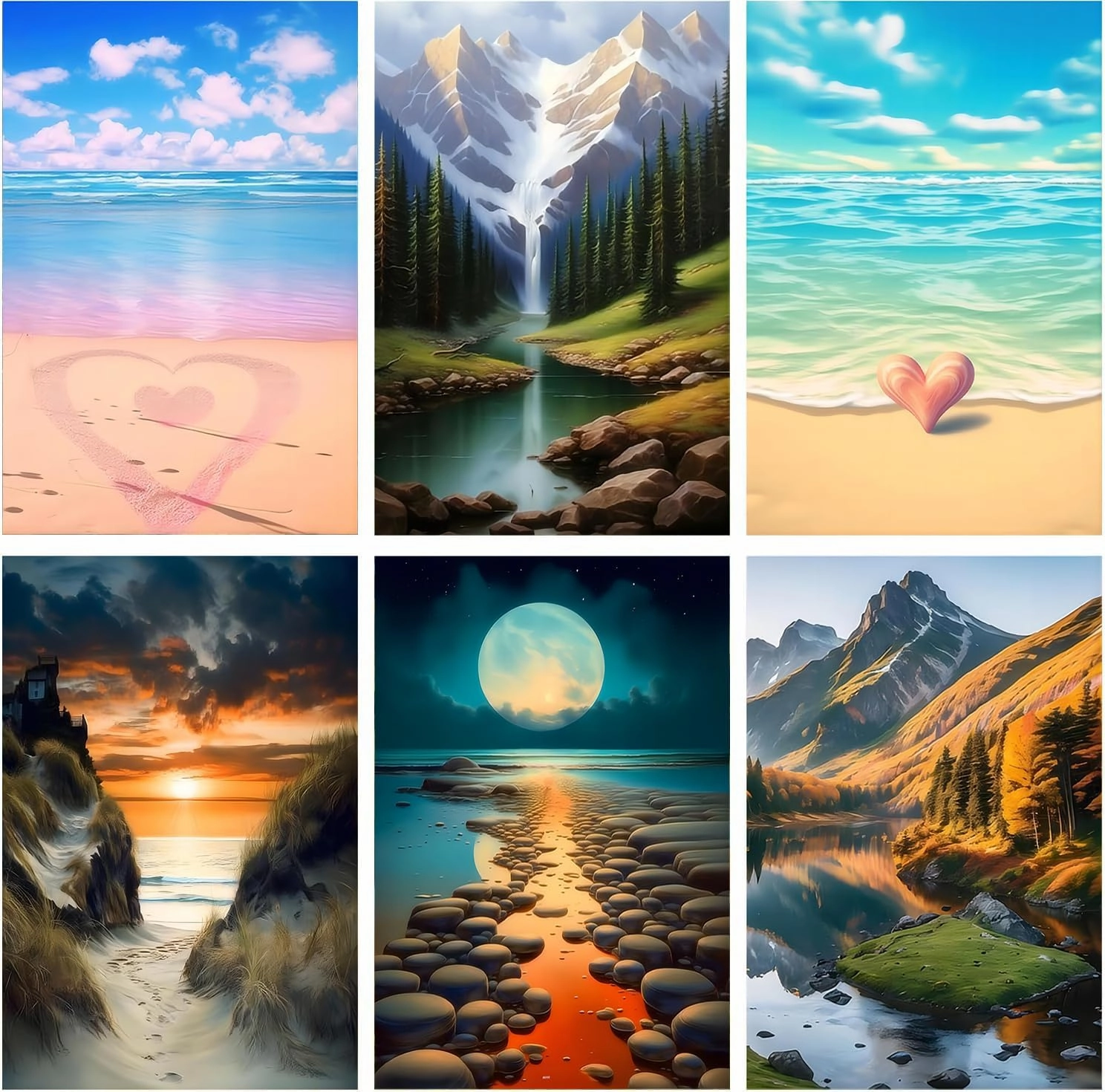 DOTZSO Painting Pack of 6 Adult 5d Diamond Painting Kit, DIY Full Diamond Art kit with Crystal Cross Stitch Picture Art and Craft for Adult Beginners 12x16 inches (Landscape Beach)