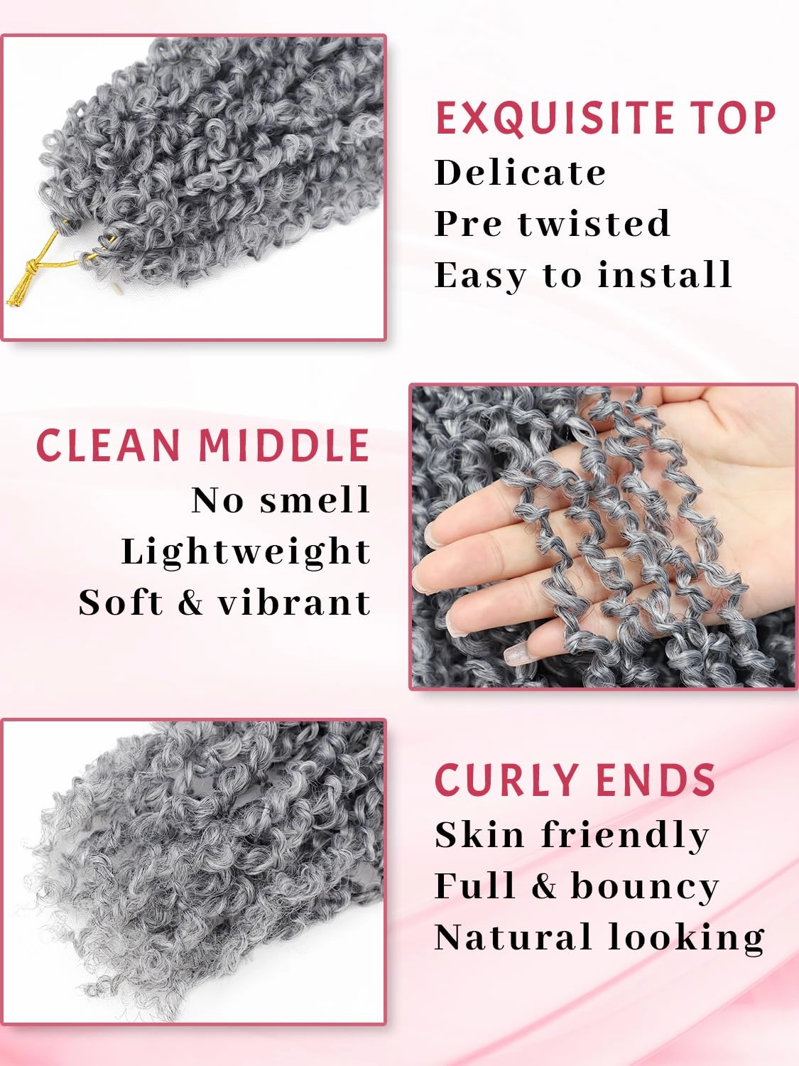 Eacia Yanky Twist Crochet Hair 10 Inch 7 Packs Grey Pretwisted Fluffy Spring Mini Twist Bohemian Passion Twist Pre Looped Crochet Braids Synthetic Hair Extensions