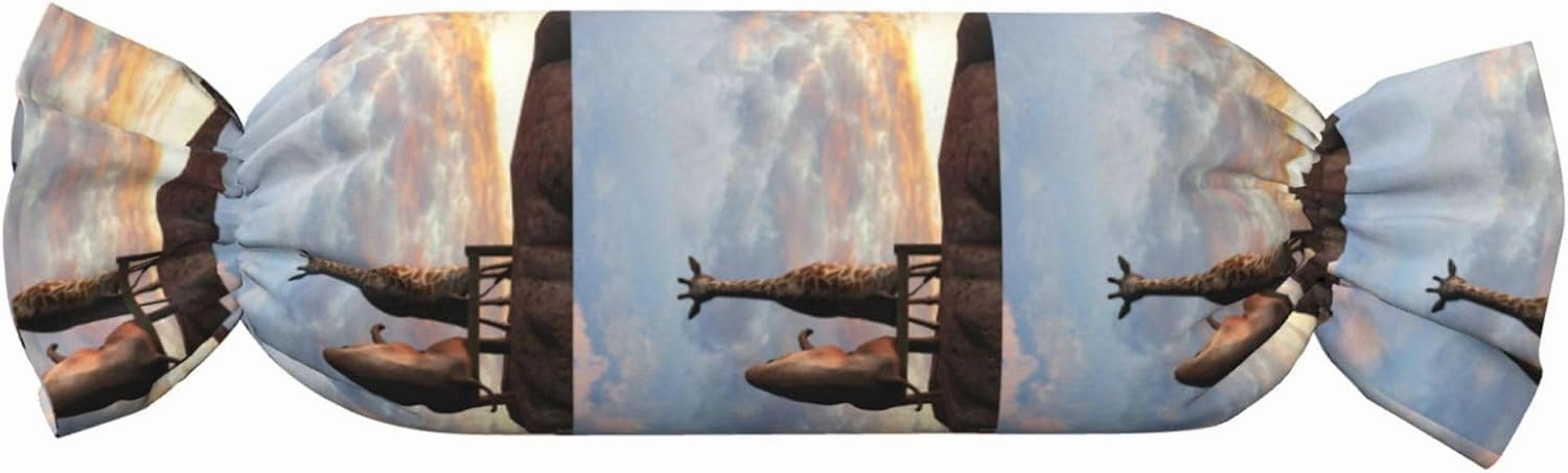Elephant Giraffe On A Mountain Top Sunset Print Candy Pillow Cylindrical Comfortable Roll Pillow 9.8" x 24.4" Travel Cervical Pillow Tube Bolster Cushion for Head, Neck, Back Support