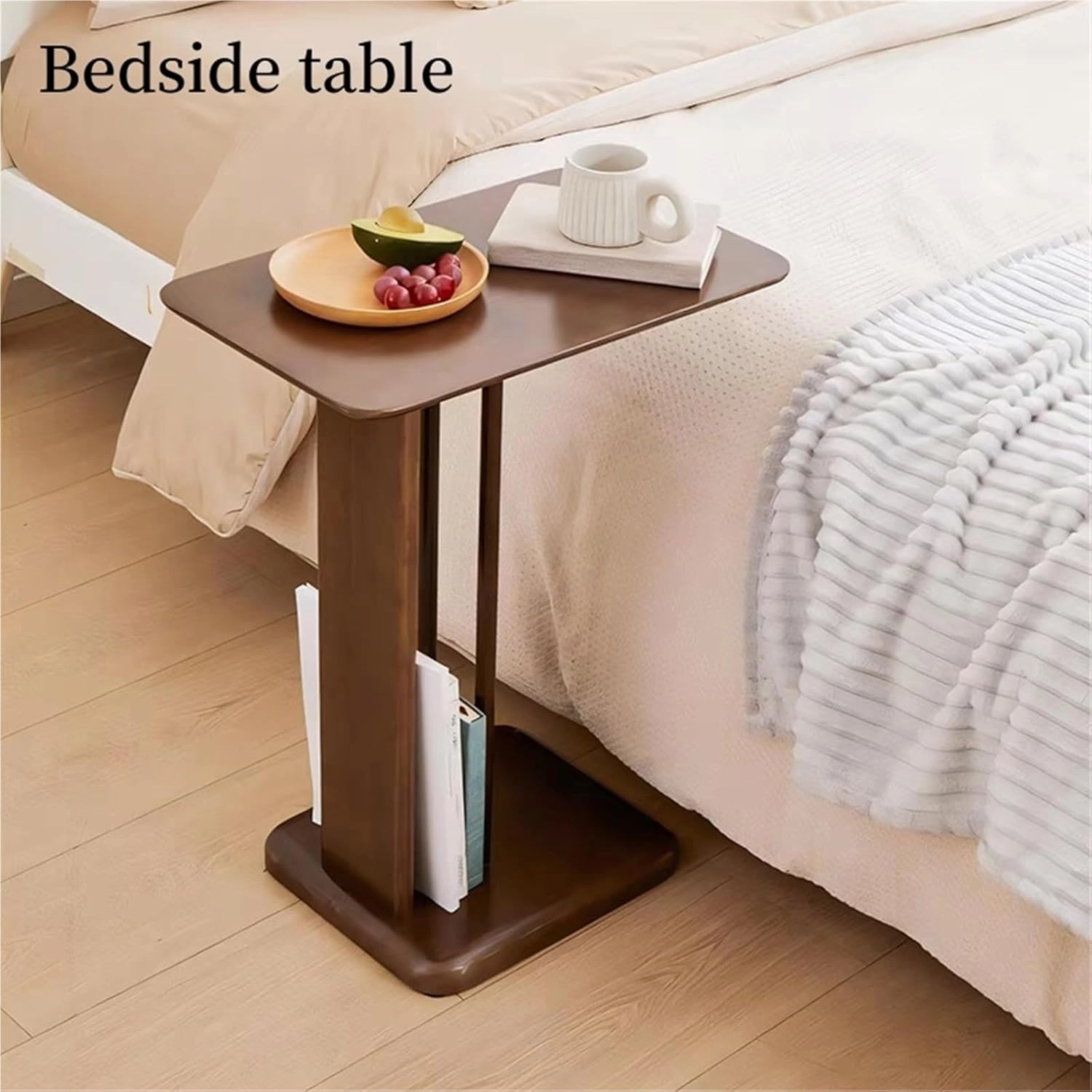 End Table C Shaped Side Table Bedside Table Solid Wood Accent Desk Nightstand Small Tv Tray for Small Spaces Living Room Study Easy to Assemble Creative idea(Natural,60cm)