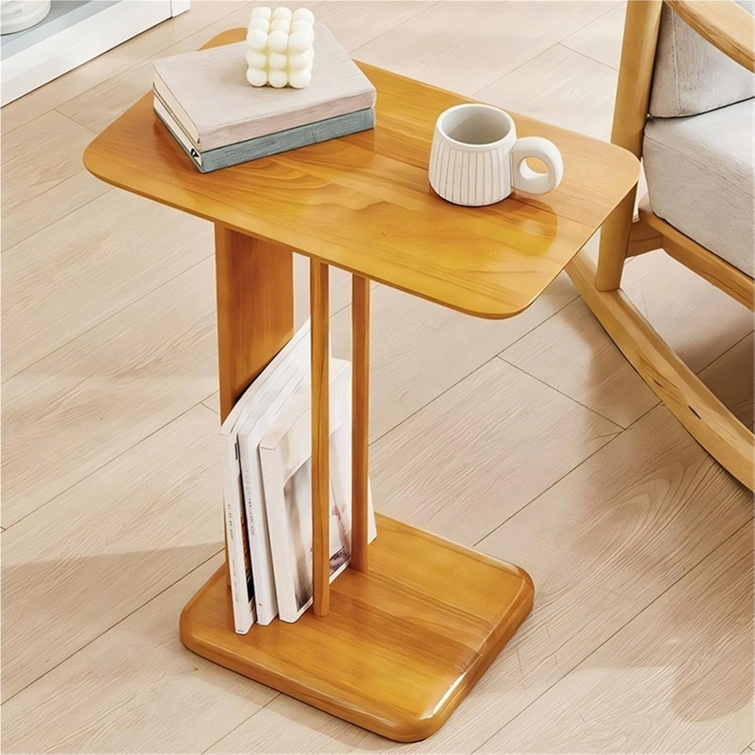 End Table C Shaped Side Table Bedside Table Solid Wood Accent Desk Nightstand Small Tv Tray for Small Spaces Living Room Study Easy to Assemble Creative idea(Natural,60cm)