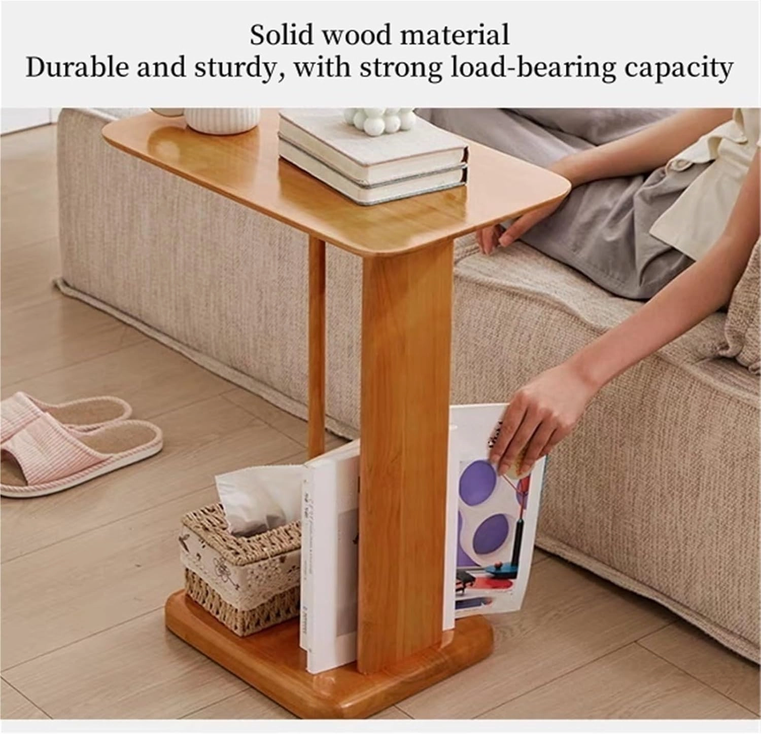 End Table C Shaped Side Table Bedside Table Solid Wood Accent Desk Nightstand Small Tv Tray for Small Spaces Living Room Study Easy to Assemble Creative idea(Natural,60cm)