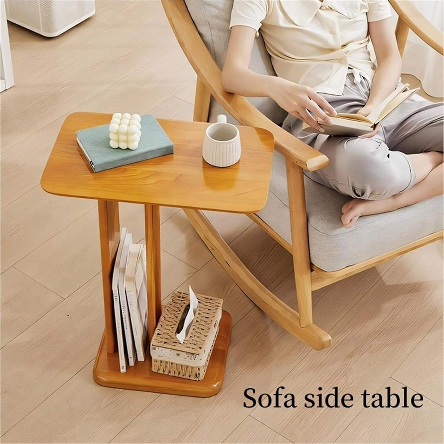 End Table C Shaped Side Table Bedside Table Solid Wood Accent Desk Nightstand Small Tv Tray for Small Spaces Living Room Study Easy to Assemble Creative idea(Natural,60cm)