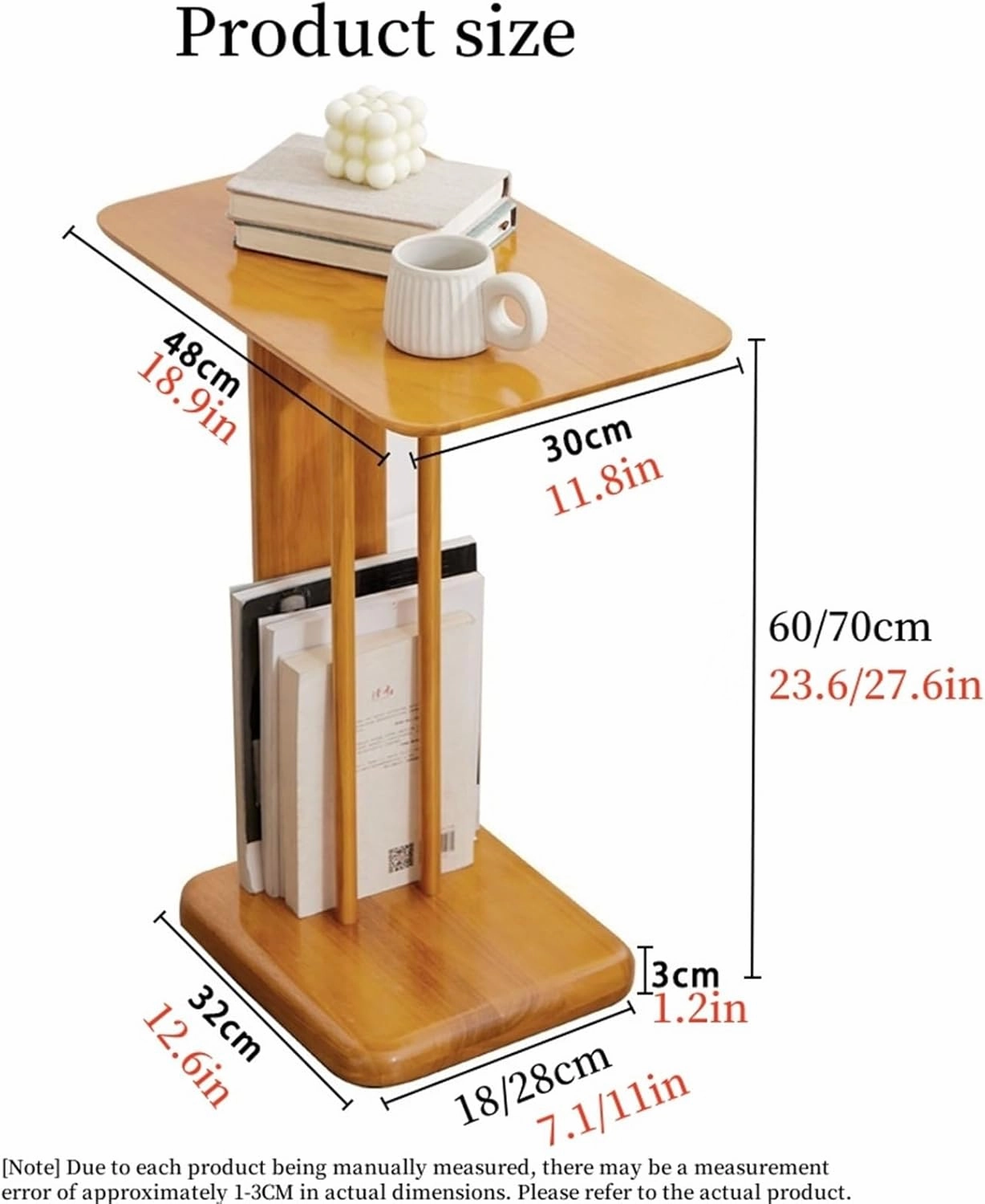 End Table C Shaped Side Table Bedside Table Solid Wood Accent Desk Nightstand Small Tv Tray for Small Spaces Living Room Study Easy to Assemble Creative idea(Natural,60cm)