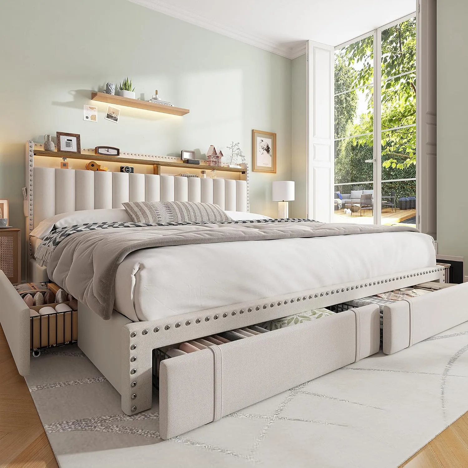 EnHomee King Size Bed Frame with 4 Storage Drawers,Upholstered King Bed Frame and Headboard,2-Tier Shelves,1200LBS for Strong Support, No Box Spring Needed,Easy Assembly,No-Noise,Beige