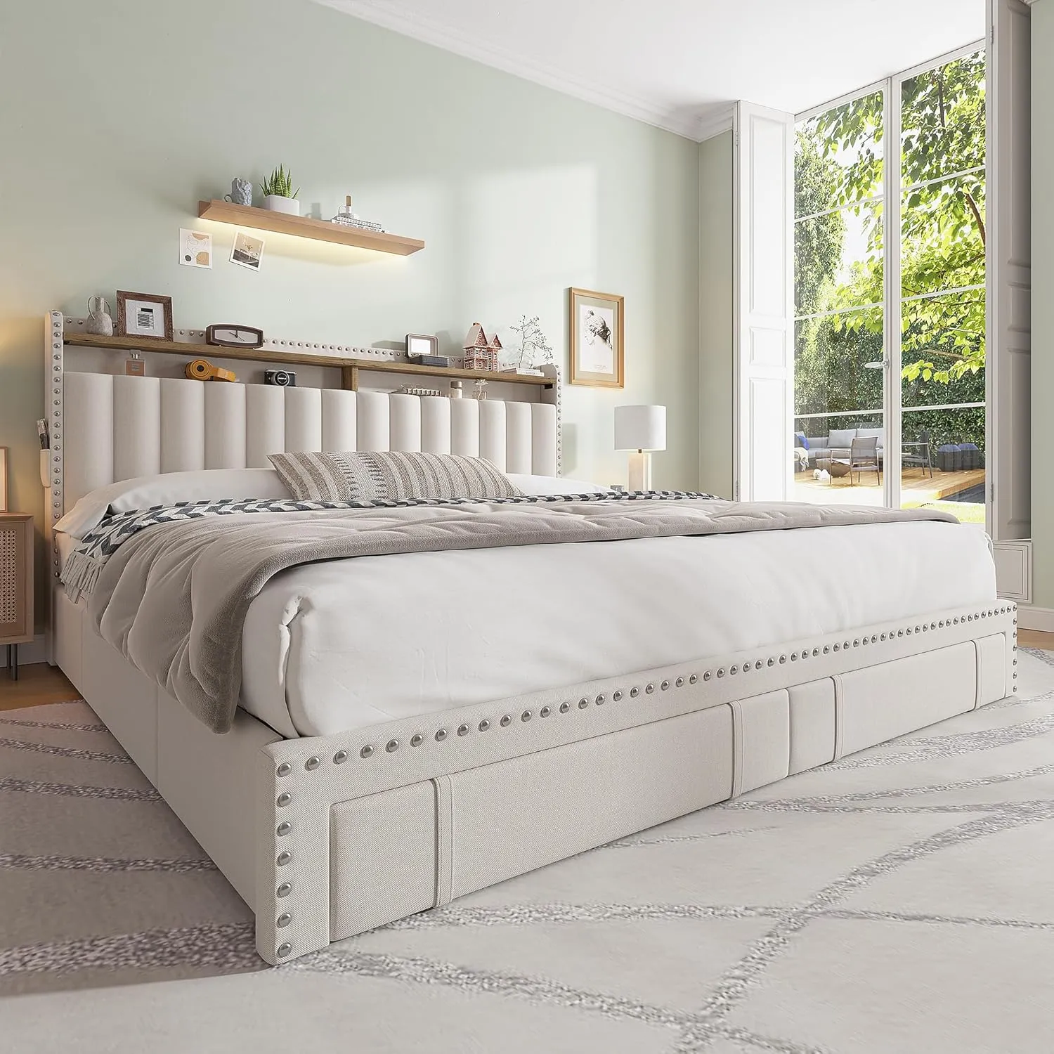 EnHomee King Size Bed Frame with 4 Storage Drawers,Upholstered King Bed Frame and Headboard,2-Tier Shelves,1200LBS for Strong Support, No Box Spring Needed,Easy Assembly,No-Noise,Beige