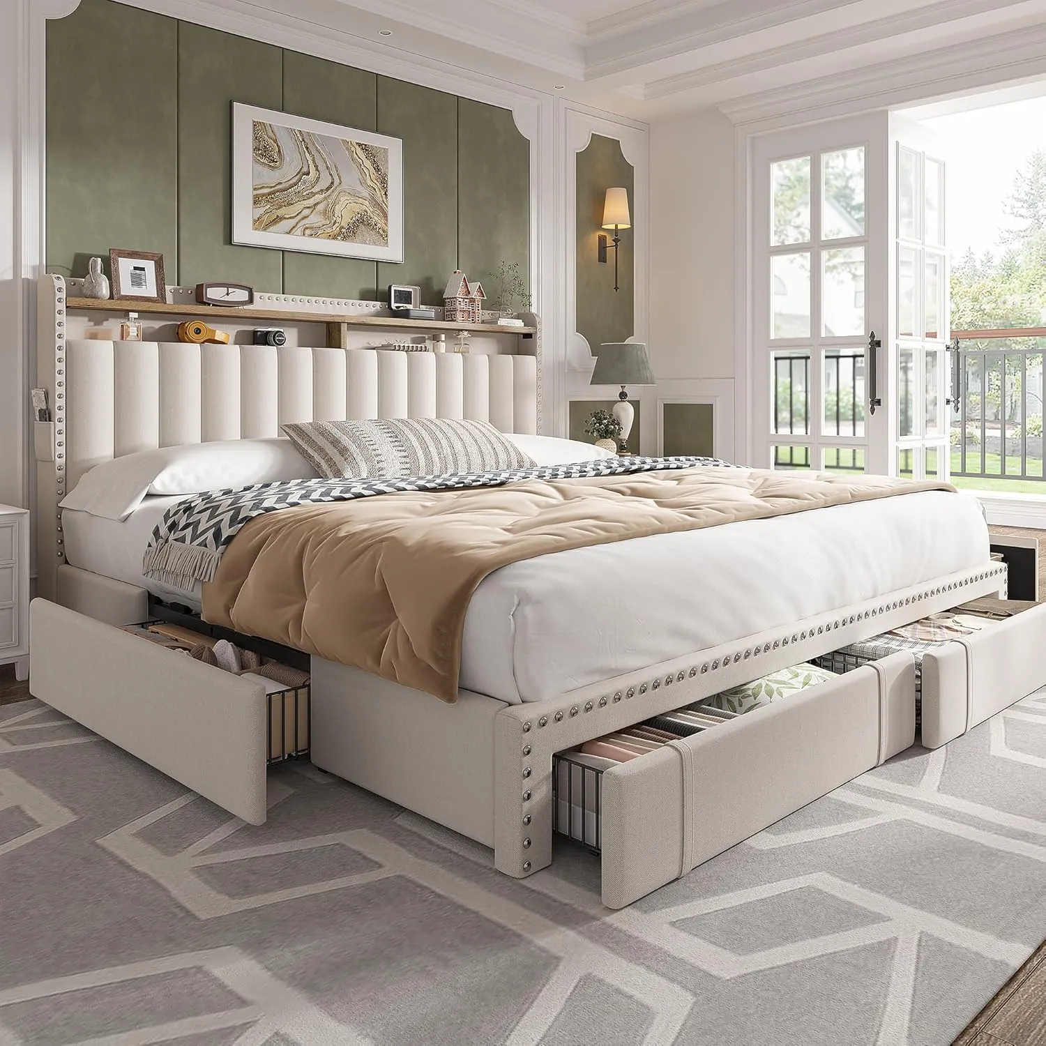 EnHomee King Size Bed Frame with 4 Storage Drawers,Upholstered King Bed Frame and Headboard,2-Tier Shelves,1200LBS for Strong Support, No Box Spring Needed,Easy Assembly,No-Noise,Beige