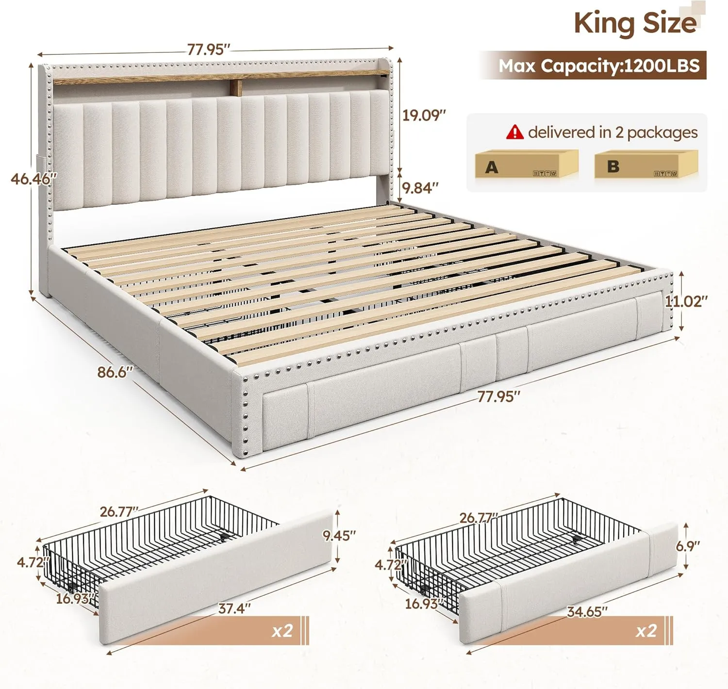 EnHomee King Size Bed Frame with 4 Storage Drawers,Upholstered King Bed Frame and Headboard,2-Tier Shelves,1200LBS for Strong Support, No Box Spring Needed,Easy Assembly,No-Noise,Beige