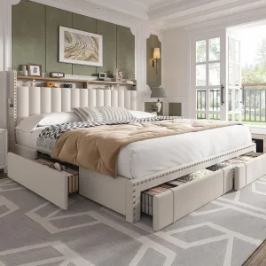 EnHomee King Size Bed Frame with 4 Storage Drawers,Upholstered King Bed Frame and Headboard,2-Tier Shelves,1200LBS for Strong Support, No Box Spring Needed,Easy Assembly,No-Noise,Beige