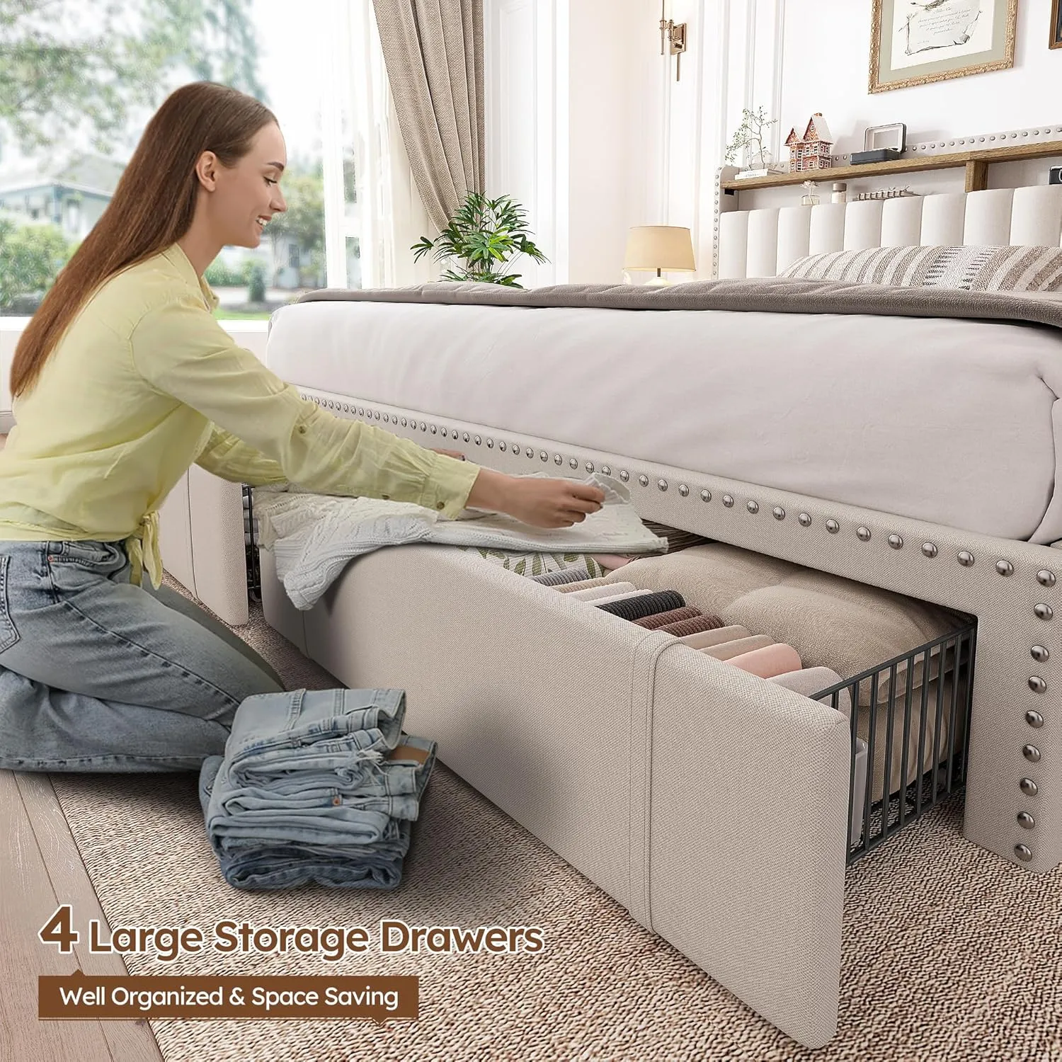 EnHomee King Size Bed Frame with 4 Storage Drawers,Upholstered King Bed Frame and Headboard,2-Tier Shelves,1200LBS for Strong Support, No Box Spring Needed,Easy Assembly,No-Noise,Beige