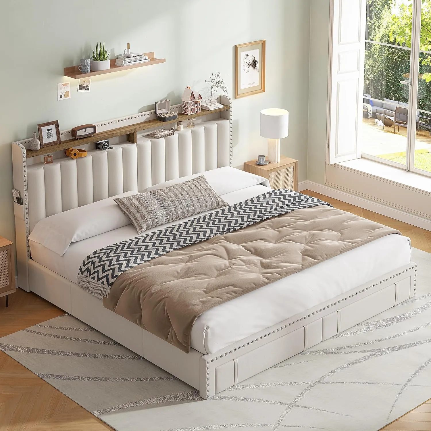 EnHomee King Size Bed Frame with 4 Storage Drawers,Upholstered King Bed Frame and Headboard,2-Tier Shelves,1200LBS for Strong Support, No Box Spring Needed,Easy Assembly,No-Noise,Beige