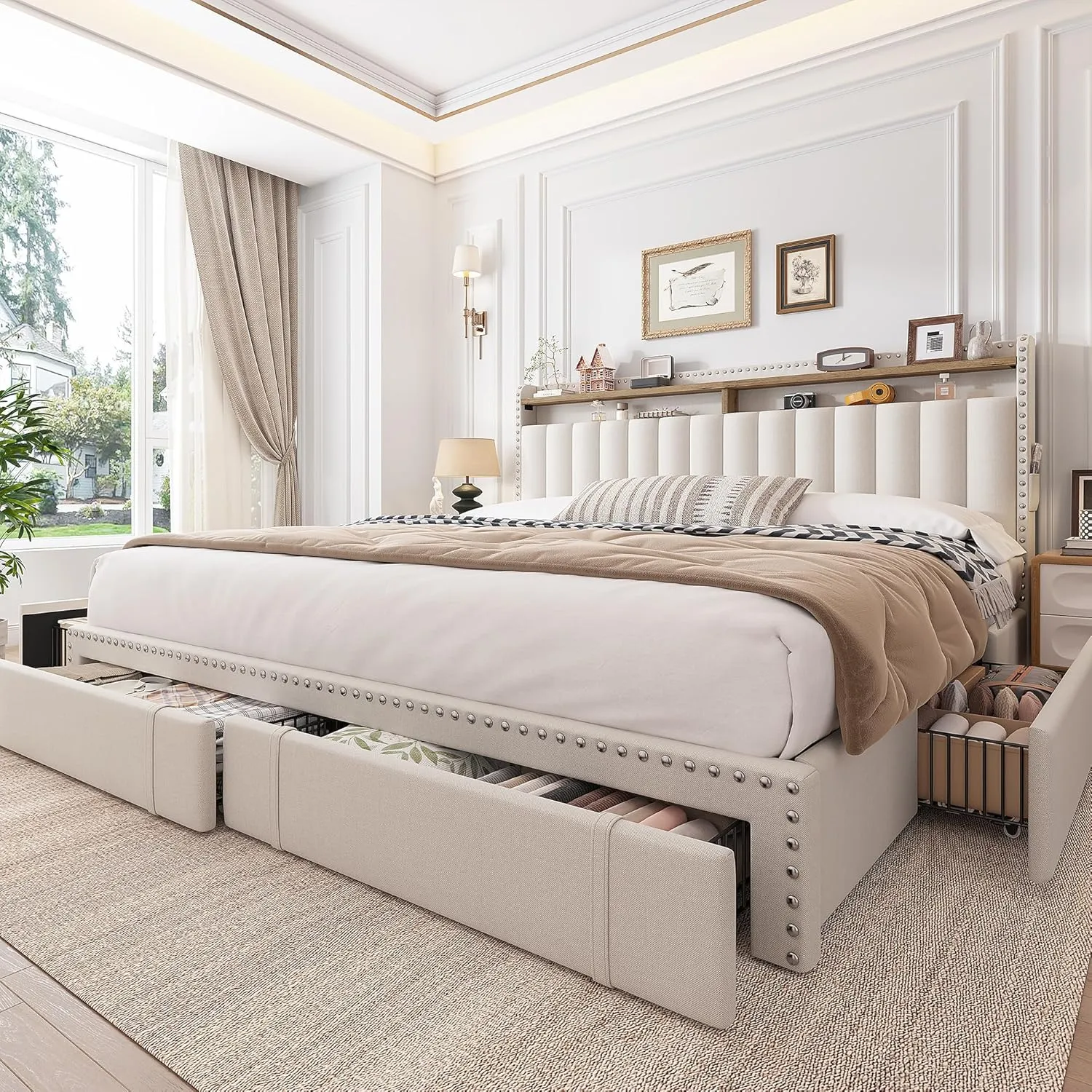 EnHomee King Size Bed Frame with 4 Storage Drawers,Upholstered King Bed Frame and Headboard,2-Tier Shelves,1200LBS for Strong Support, No Box Spring Needed,Easy Assembly,No-Noise,Beige