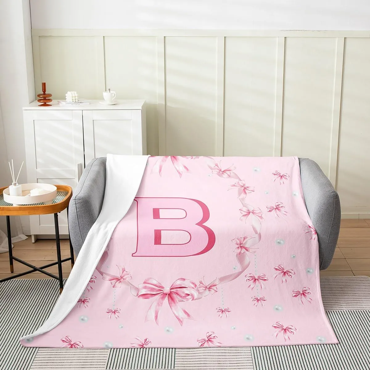 Erosebridal Alphabet B Twin 60x80 Inch, Girls Butterfly Bowknot Flannel Blanket Pink Round Bow Knot Tie Fleece Throw Blanket Women Kids Pearl Princess Theme Bedroom Decor Warm
