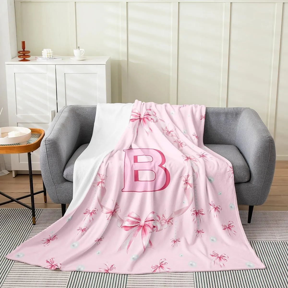 Erosebridal Alphabet B Twin 60x80 Inch, Girls Butterfly Bowknot Flannel Blanket Pink Round Bow Knot Tie Fleece Throw Blanket Women Kids Pearl Princess Theme Bedroom Decor Warm