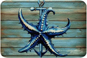 Erosebridal Boys Nautical Door Mats 20"X32" Starfish Anchor Kids Bath Mat Rustic Farmhouse Wooden Board Bathroom Rug Non Slip for Teen Men,Coastal Adventure Entrance Rug Blue Sea Room Decor