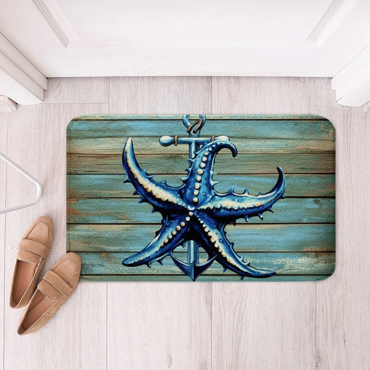 Erosebridal Boys Nautical Door Mats 20"X32" Starfish Anchor Kids Bath Mat Rustic Farmhouse Wooden Board Bathroom Rug Non Slip for Teen Men,Coastal Adventure Entrance Rug Blue Sea Room Decor
