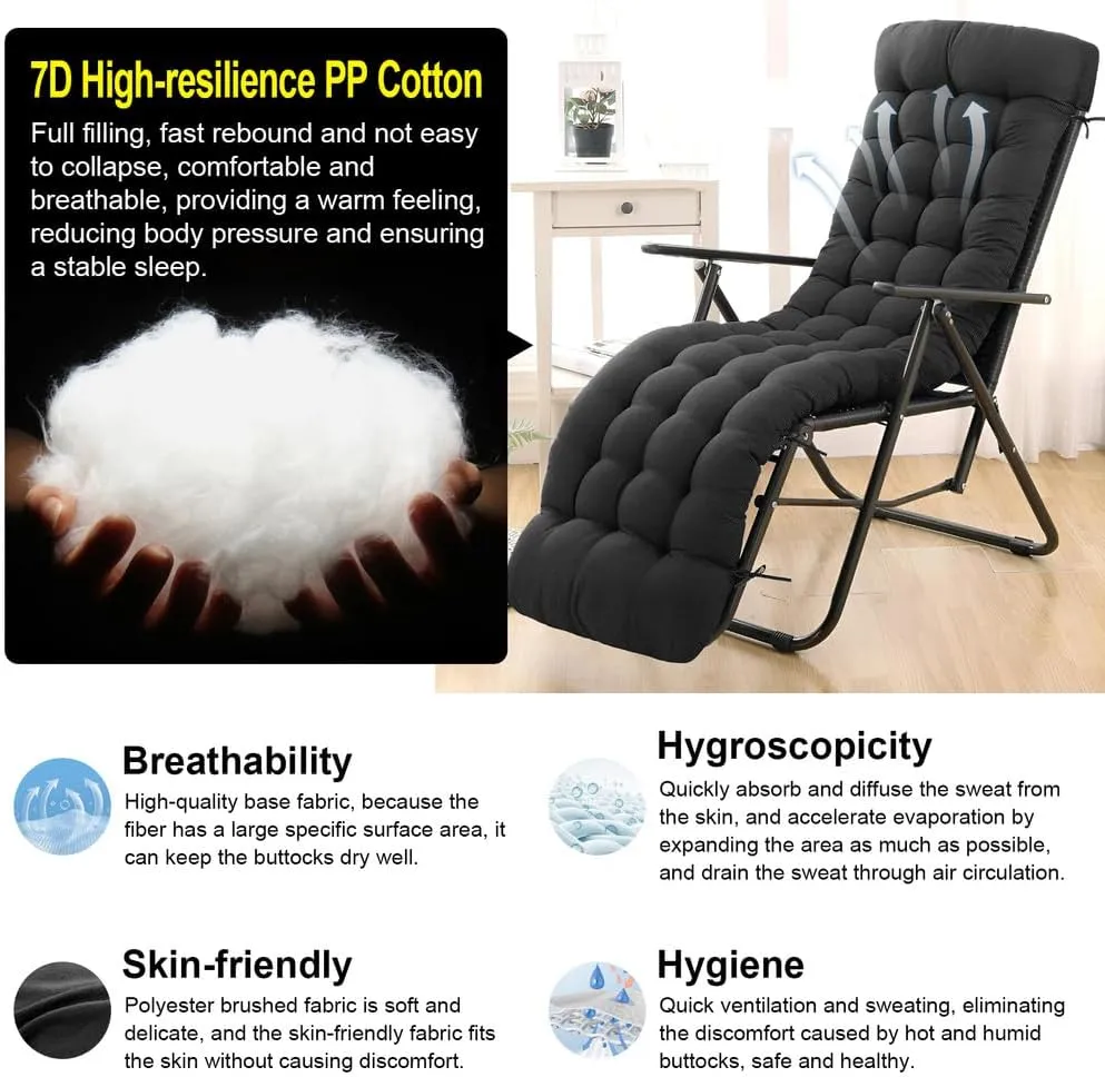 ERWUDEling Zero Gravity Lounge Chair Cushion Replacement 67 Inch, Thick & Soft Patio Furniture Cushion for Outdoor/Indoor Use, Waterproof Non-Slip with 8 Ties, Black (19 x 67 x 4 Inches)