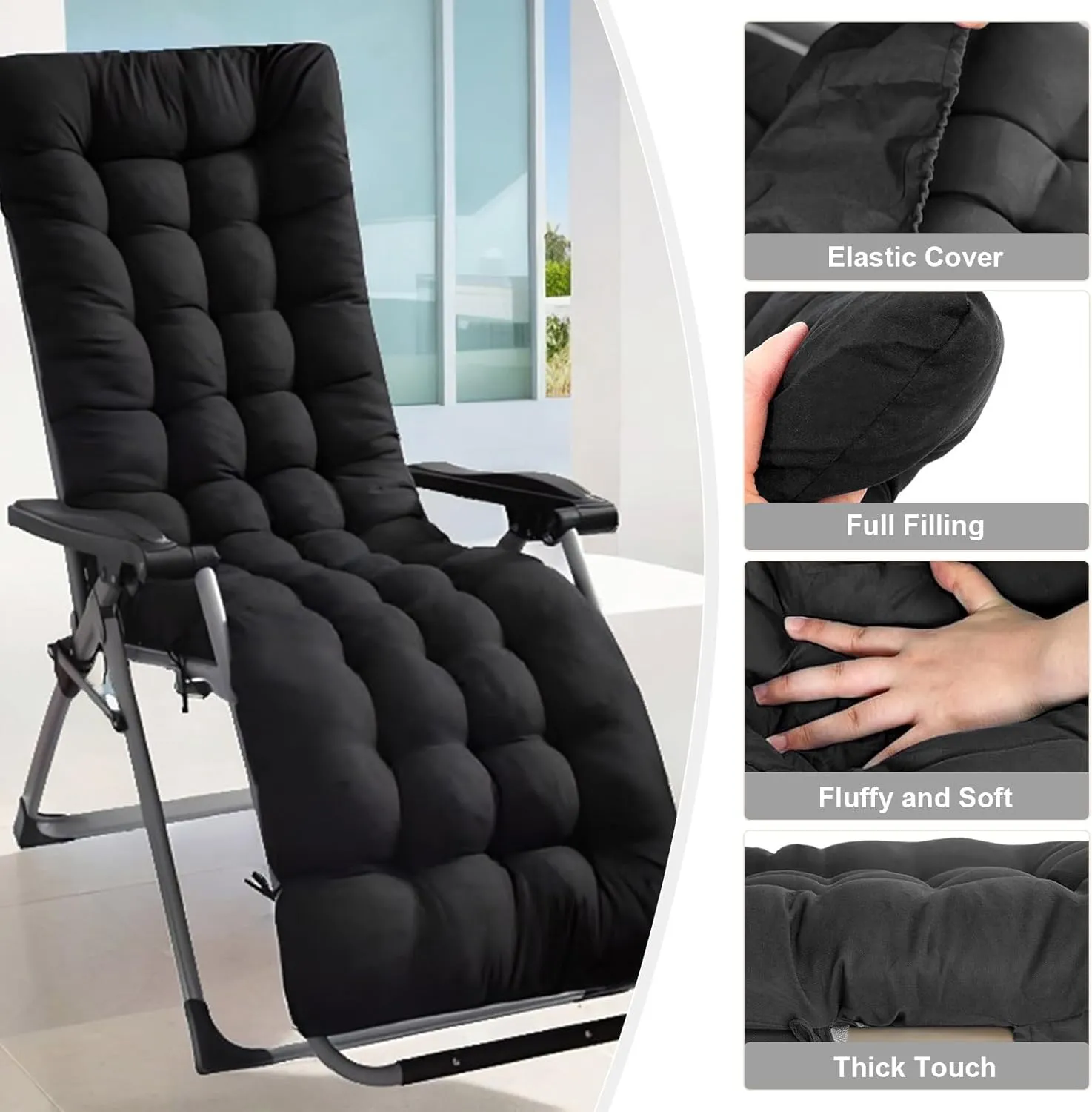 ERWUDEling Zero Gravity Lounge Chair Cushion Replacement 67 Inch, Thick & Soft Patio Furniture Cushion for Outdoor/Indoor Use, Waterproof Non-Slip with 8 Ties, Black (19 x 67 x 4 Inches)