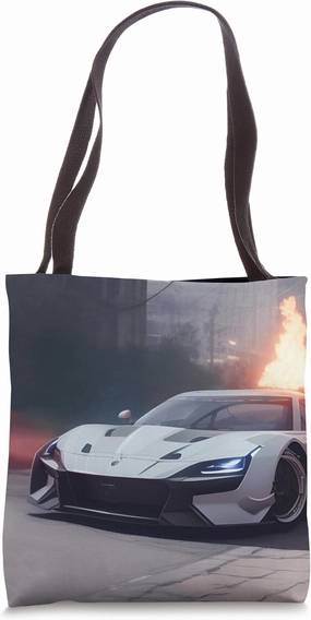 Fast Car Racing White Sports Car Hyper Car Fire Action Drive Tote Bag