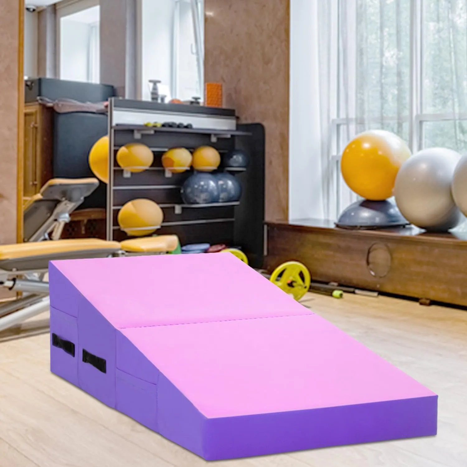 FDW Gymnastics Mat Incline Indoor/Outdoor Tumbling Mats yoga mat for Home Gym Folding Exercise Mat with Non-Slip Surface & Handles Cheese Wedge Mat