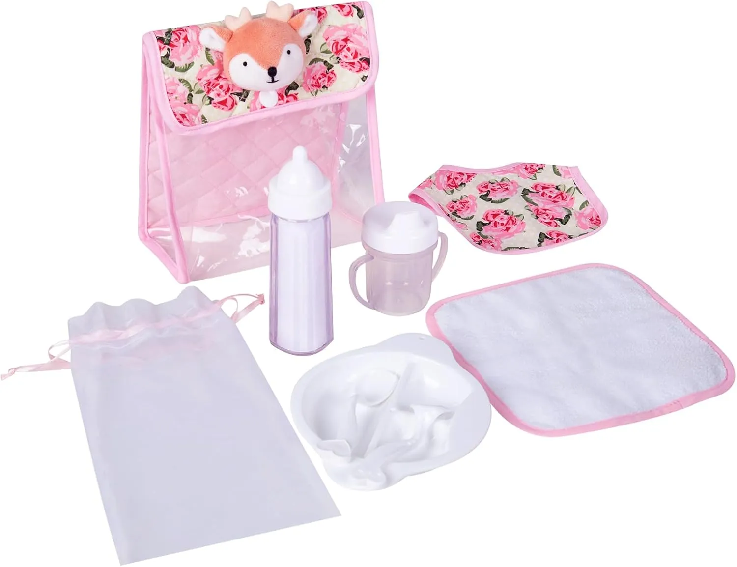 Feeding Set Nursery Bag Set for Dolls, Plate Together with Spoon, Fork, Milk Bottle, Juice Cup, Towel &Bib