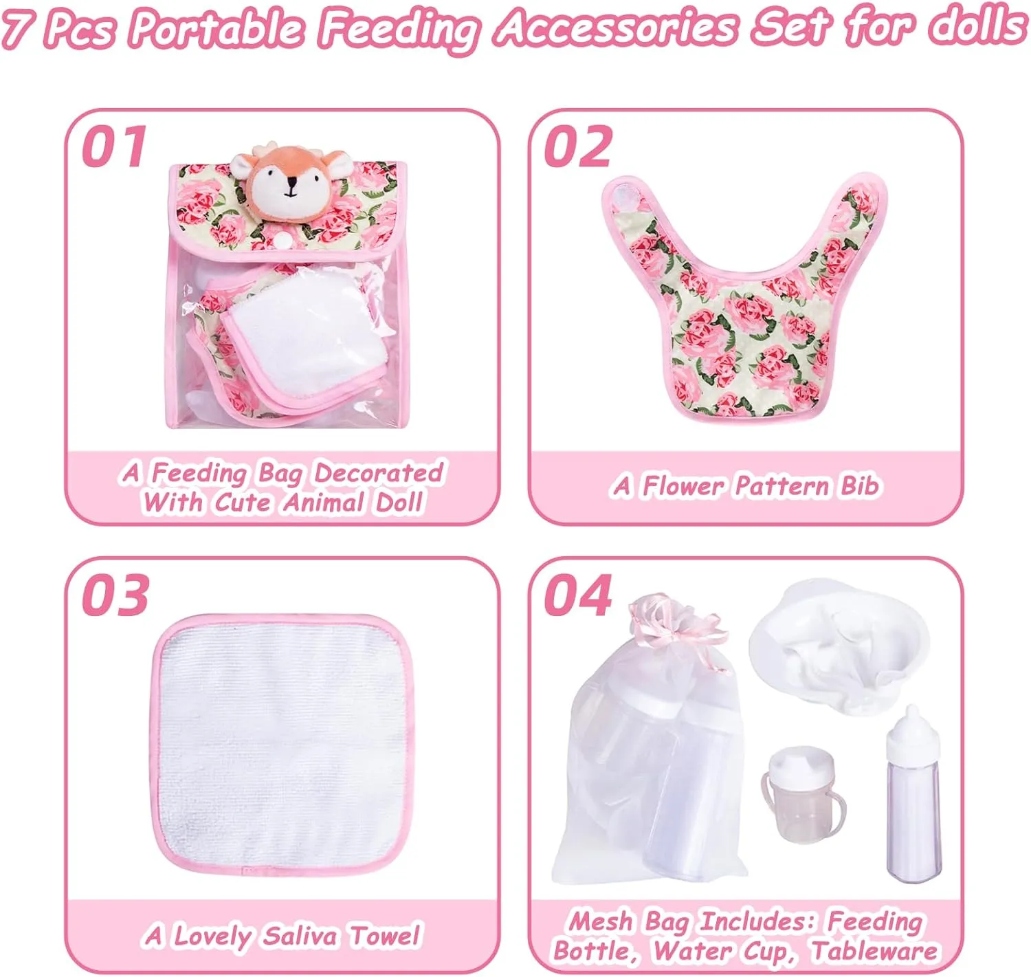 Feeding Set Nursery Bag Set for Dolls, Plate Together with Spoon, Fork, Milk Bottle, Juice Cup, Towel &Bib