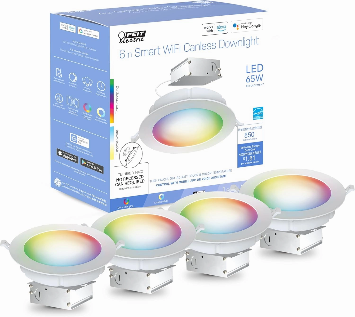 Feit Electric 6" Smart LED Canless Recessed Downlight, 65W EQ, Dimmable, WiFi Enabled, Compatible with Alexa and Google Home Asst, Color Changing, 90 CRI, 850 Lumens, 4 Pack, LEDR6XT/RGBW/CA/AG/4