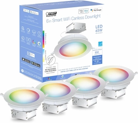 Feit Electric 6" Smart LED Canless Recessed Downlight, 65W EQ, Dimmable, WiFi Enabled, Compatible with Alexa and Google Home Asst, Color Changing, 90 CRI, 850 Lumens, 4 Pack, LEDR6XT/RGBW/CA/AG/4