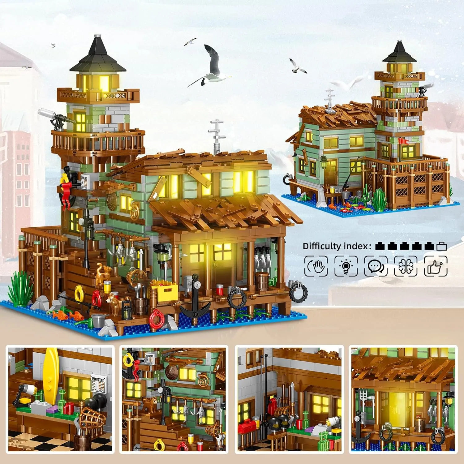 Fishing Village Store House Building Set with LED Light, 1881 PCS Wood Cabin Mini Building Block, STEM Architecture Toys Kit, Birthday Gift for Adults Ages 8-12  Years（Not Compatible with Set ）