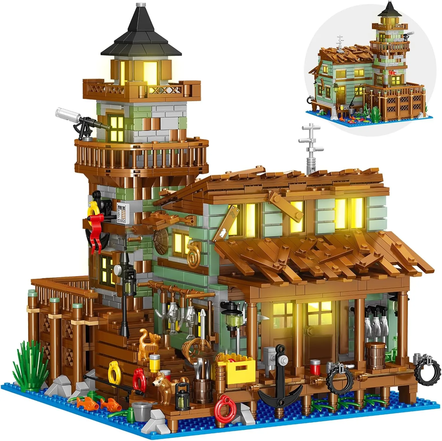Fishing Village Store House Building Set with LED Light, 1881 PCS Wood Cabin Mini Building Block, STEM Architecture Toys Kit, Birthday Gift for Adults Ages 8-12  Years（Not Compatible with Set ）