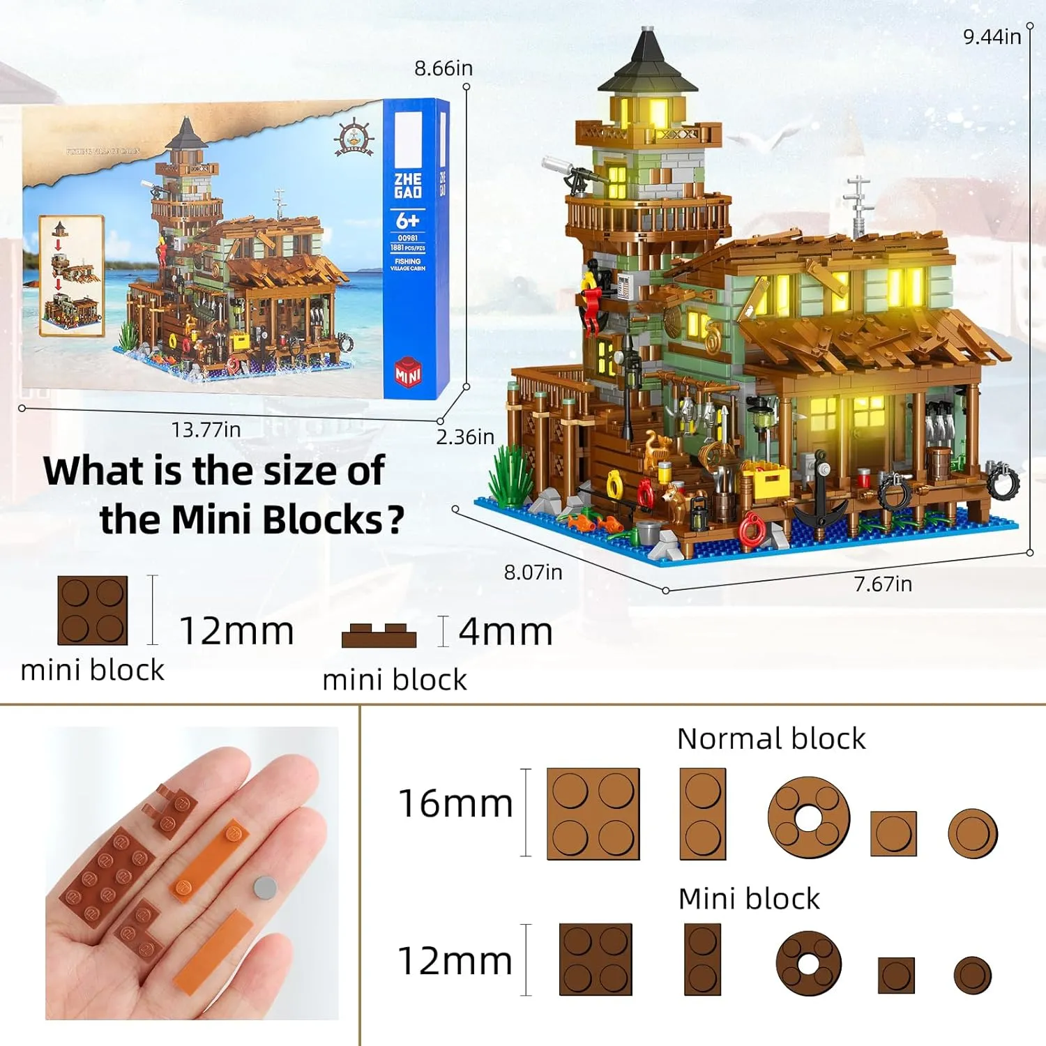 Fishing Village Store House Building Set with LED Light, 1881 PCS Wood Cabin Mini Building Block, STEM Architecture Toys Kit, Birthday Gift for Adults Ages 8-12  Years（Not Compatible with Set ）