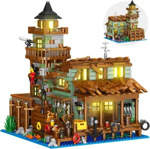 Fishing Village Store House Building Set with LED Light, 1881 PCS Wood Cabin Mini Building Block, STEM Architecture Toys Kit, Birthday Gift for Adults Ages 8-12  Years（Not Compatible with Set ）