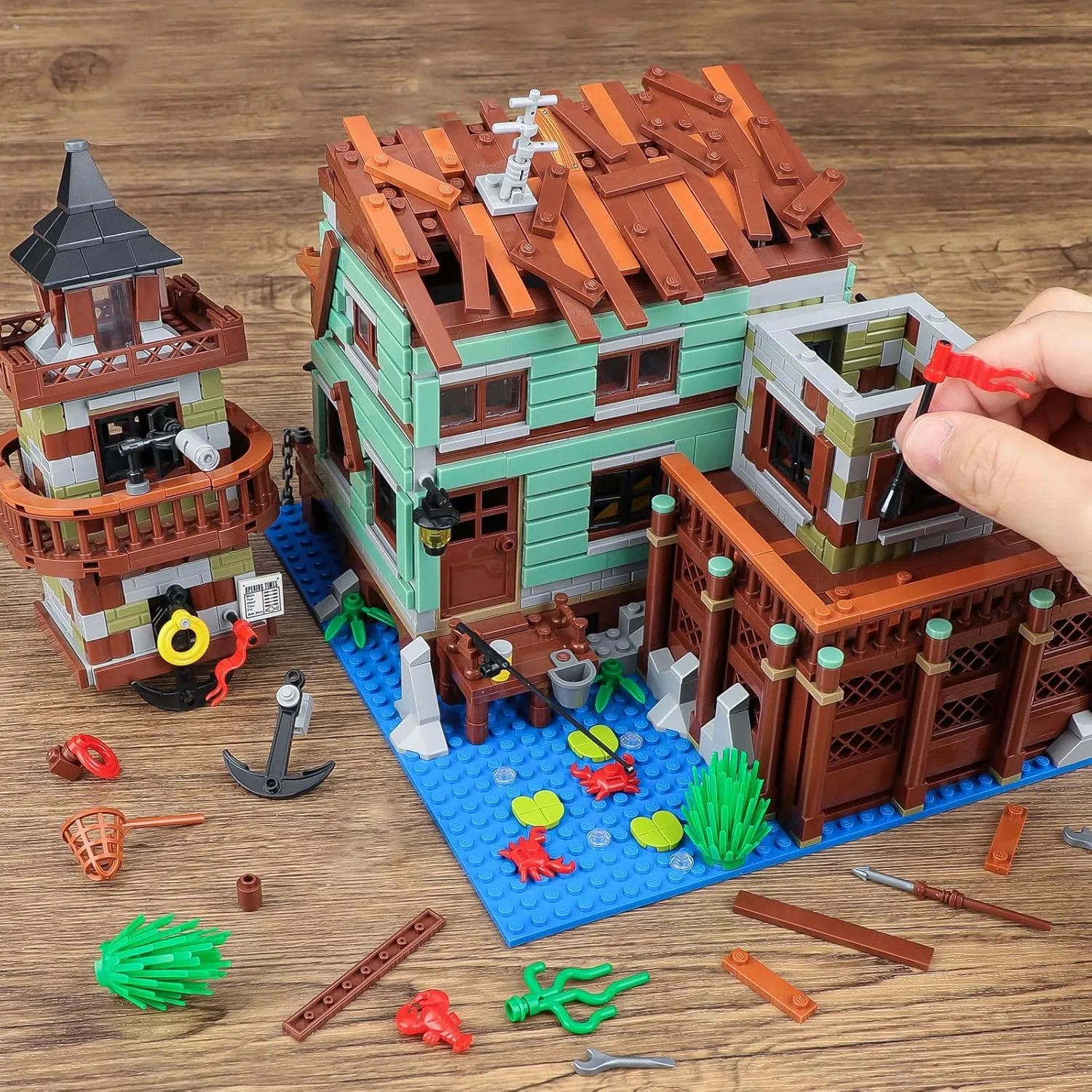 Fishing Village Store House Building Set with LED Light, 1881 PCS Wood Cabin Mini Building Block, STEM Architecture Toys Kit, Birthday Gift for Adults Ages 8-12  Years（Not Compatible with Set ）