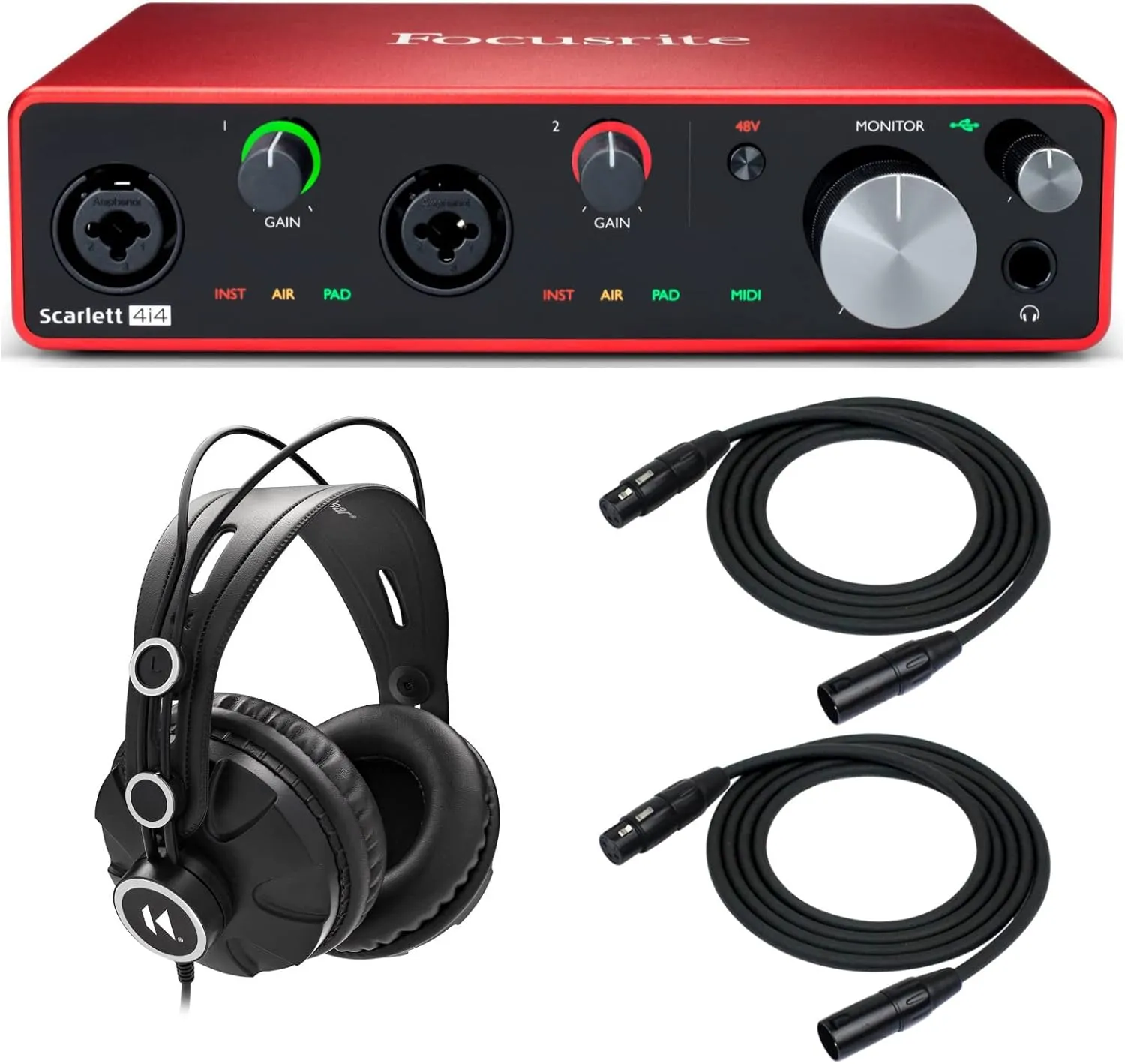 Focusrite Scarlett 4i4 3rd Gen 4x4 USB Audio Interface Bundle with Knox Headphones and 2 XLR Cables (3 Items)