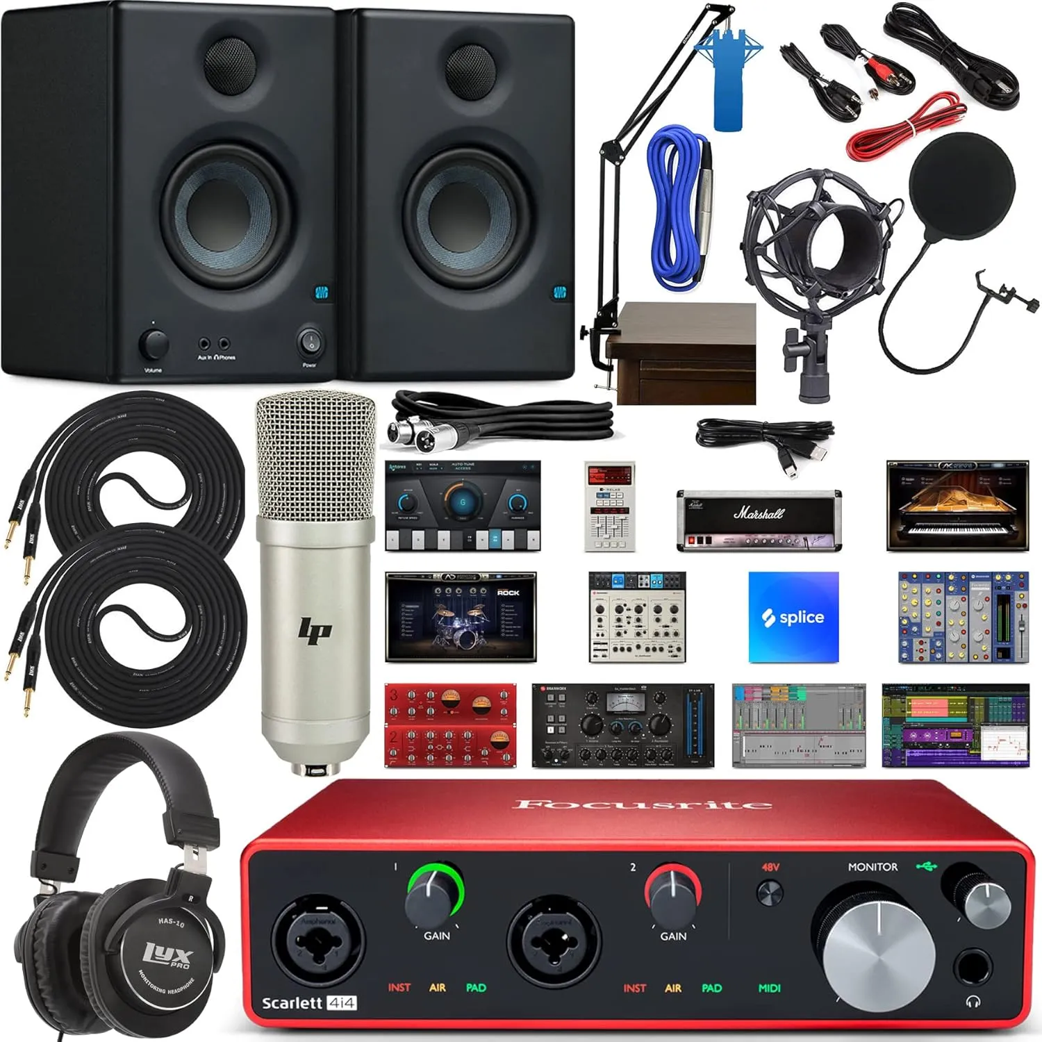 Focusrite Scarlett 4i4 4x4 USB Audio Interface with Creative Music Production Software Kit, CR3-X Studio Monitors, nd Adjustable Boom Arm Kit   HD7 Headphones
