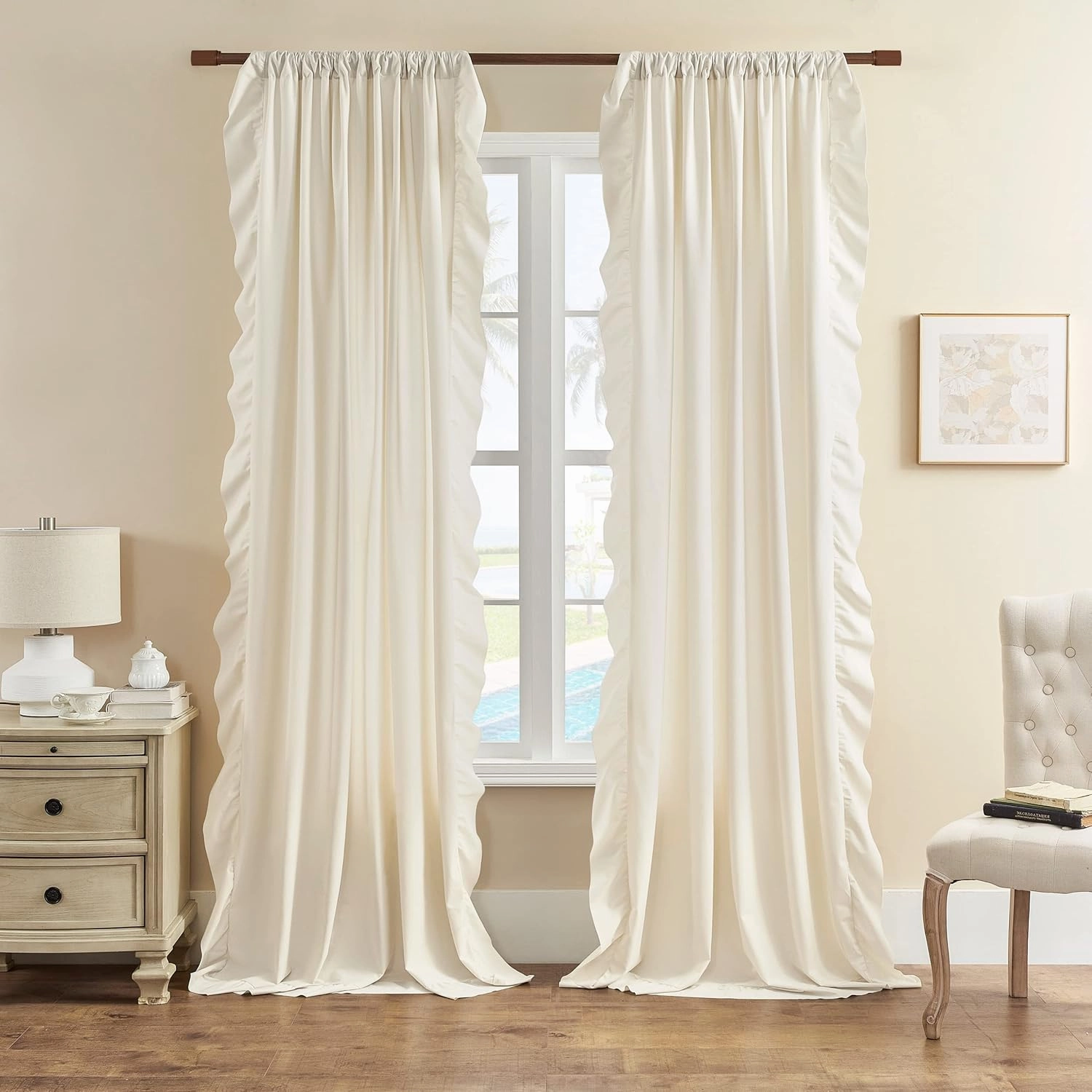 FOLKSIDE Cream Ivory Ruffle Curtains 84 Inch Length 2 Panels Set for Living Room Bedroom Shabby Chic Drapes Rod Pocket Light Reducing Window Curtains for Kids Girls Nursery Room Backdrop Decor, 52x84
