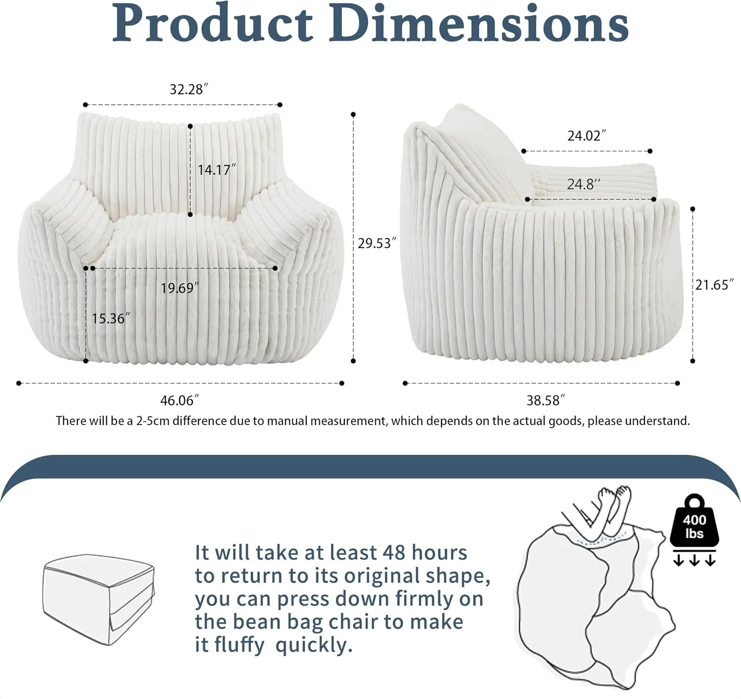 Giant Plush Bean Bag Chair for Adults with Armrests - Oversized Comfy Beige Beanbag Lounge Lazy Floor Sofa Accent Chair for Living Room, Bedroom & Dorm, Cozy Fluffy Single Cloud Mini Couch