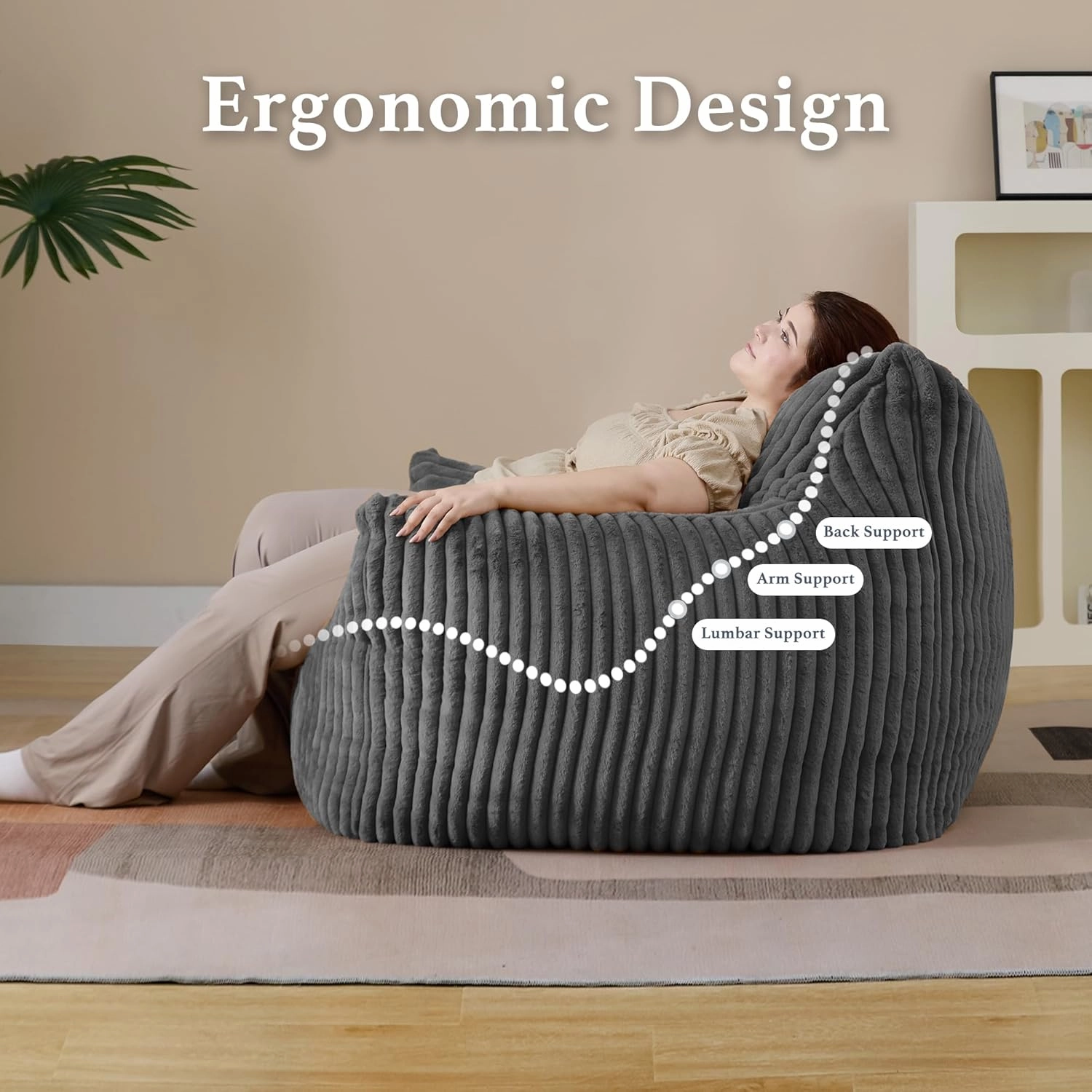 Giant Plush Bean Bag Chair for Adults with Armrests - Oversized Comfy Grey Beanbag Lounge Lazy Floor Sofa Accent Chair for Living Room, Bedroom & Dorm, Cozy Fluffy Single Cloud Mini Couch
