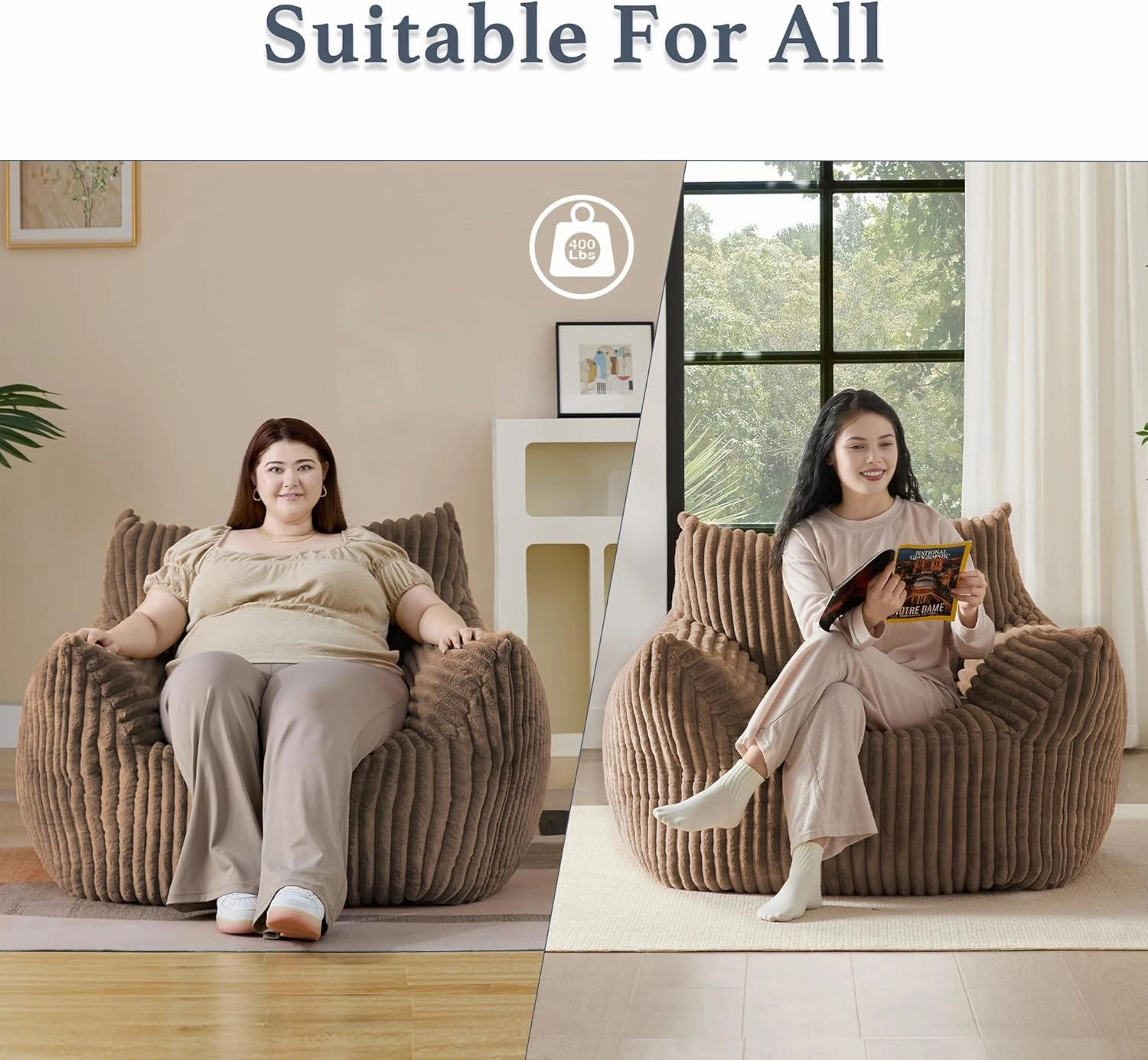 Giant Plush Bean Bag Chair for Adults with Armrests - Oversized Comfy Khaki Beanbag Lounge Lazy Floor Sofa Chair for Living Room, Bedroom & Dorm, Cozy Fluffy Single Cloud Mini Couch