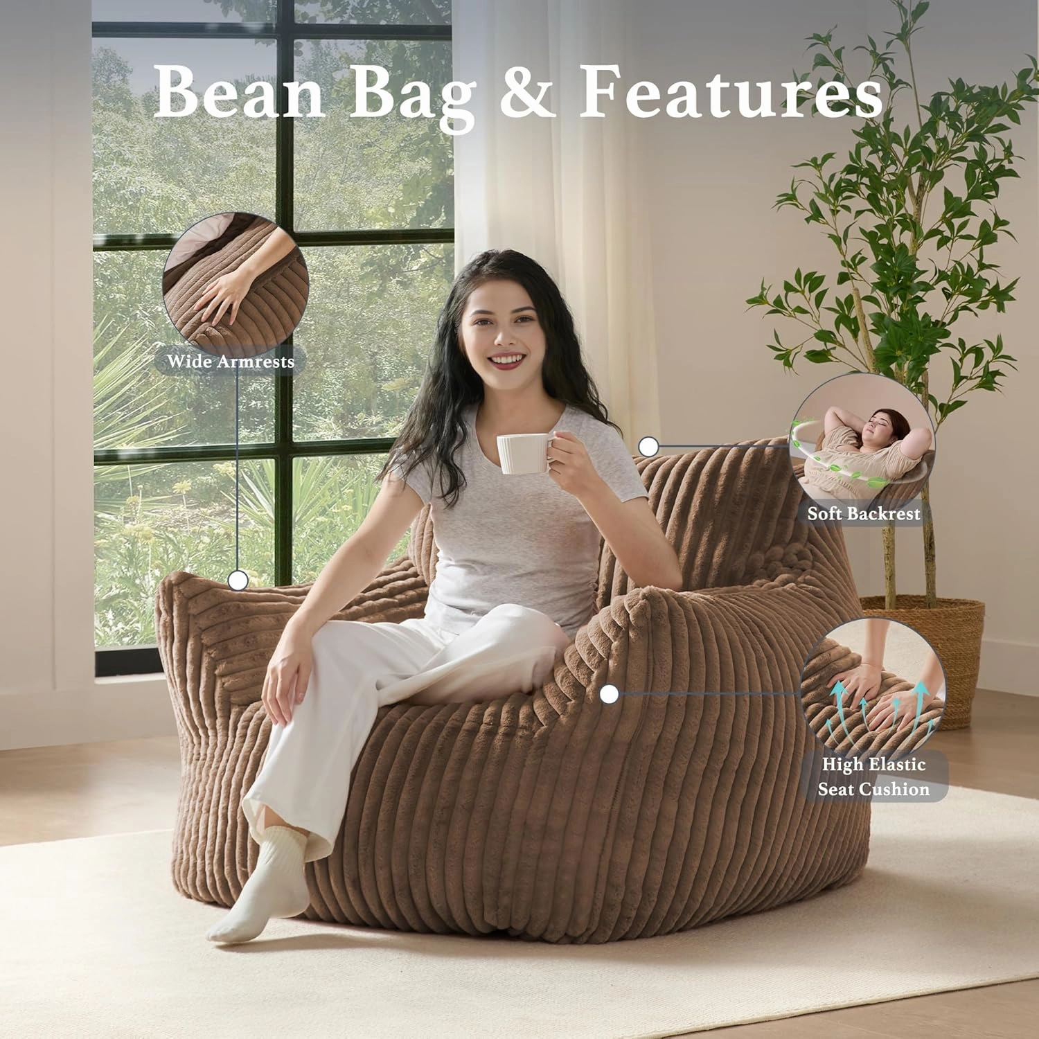 Giant Plush Bean Bag Chair for Adults with Armrests - Oversized Comfy Khaki Beanbag Lounge Lazy Floor Sofa Chair for Living Room, Bedroom & Dorm, Cozy Fluffy Single Cloud Mini Couch