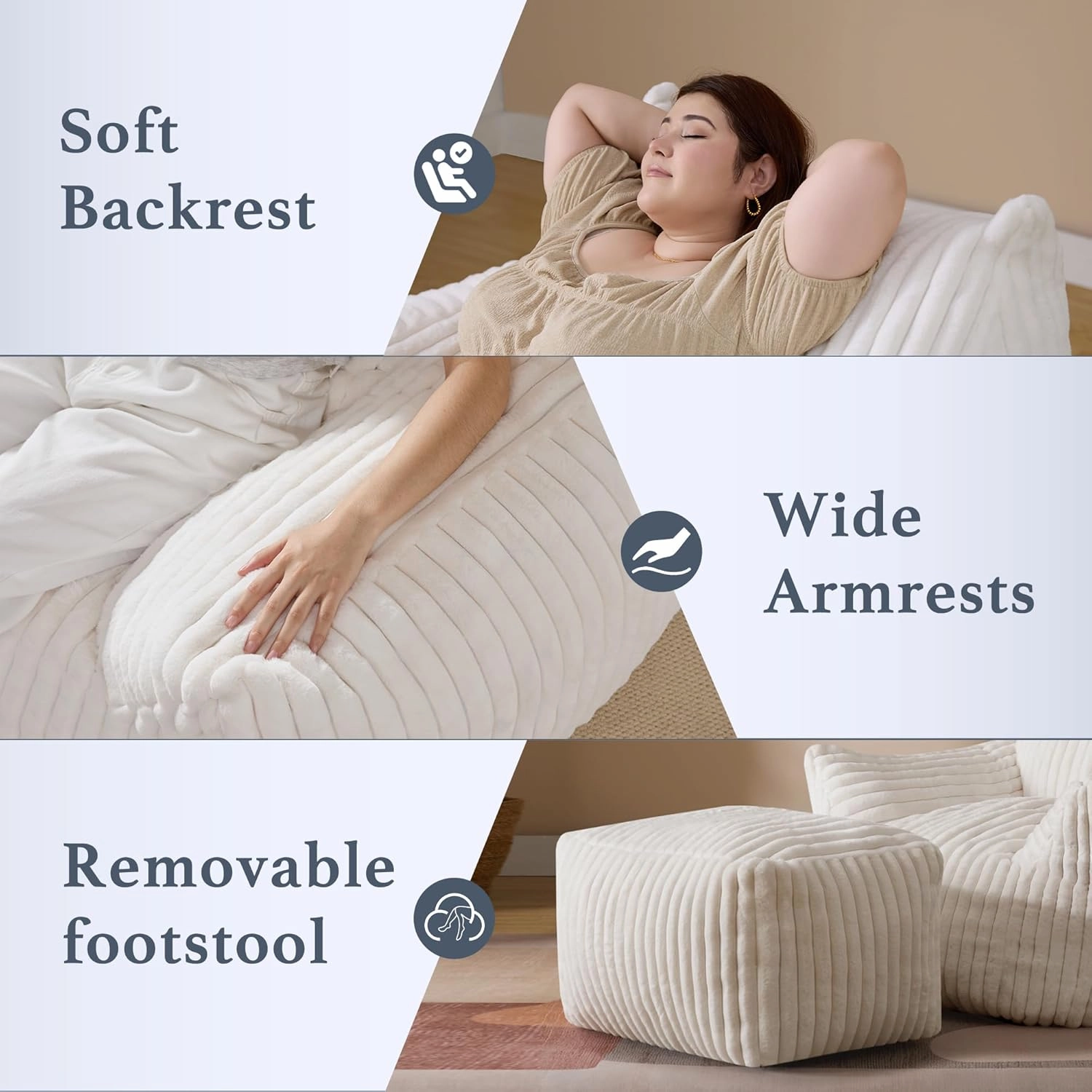Giant Plush Bean Bag Chair for Adults with Armrests and Footstool - Oversized Comfy Beige Beanbag Chaise Lounge Lazy Floor Sofa Chair for Living Room, Bedroom & Dorm, Cozy Fluffy Cloud Mini Couch