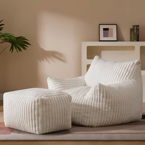 Giant Plush Bean Bag Chair for Adults with Armrests and Footstool - Oversized Comfy Beige Beanbag Chaise Lounge Lazy Floor Sofa Chair for Living Room, Bedroom & Dorm, Cozy Fluffy Cloud Mini Couch