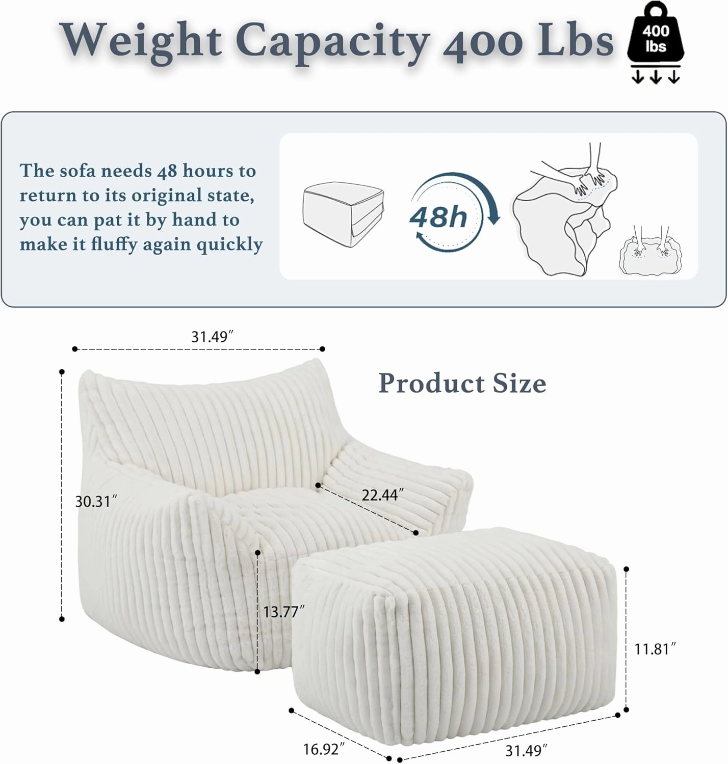 Giant Plush Bean Bag Chair for Adults with Armrests and Footstool - Oversized Comfy Beige Beanbag Chaise Lounge Lazy Floor Sofa Chair for Living Room, Bedroom & Dorm, Cozy Fluffy Cloud Mini Couch