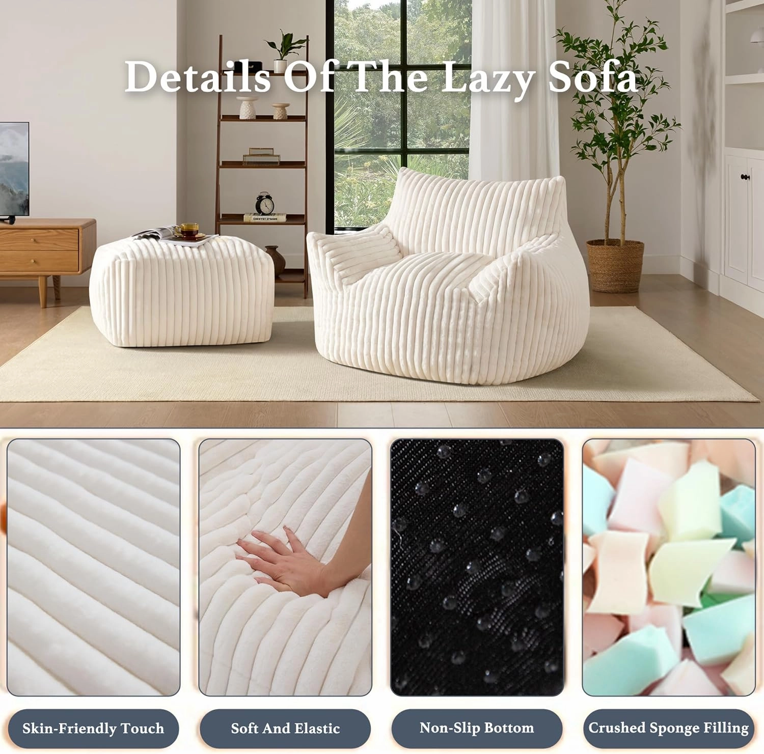 Giant Plush Bean Bag Chair for Adults with Armrests and Footstool - Oversized Comfy Beige Beanbag Chaise Lounge Lazy Floor Sofa Chair for Living Room, Bedroom & Dorm, Cozy Fluffy Cloud Mini Couch