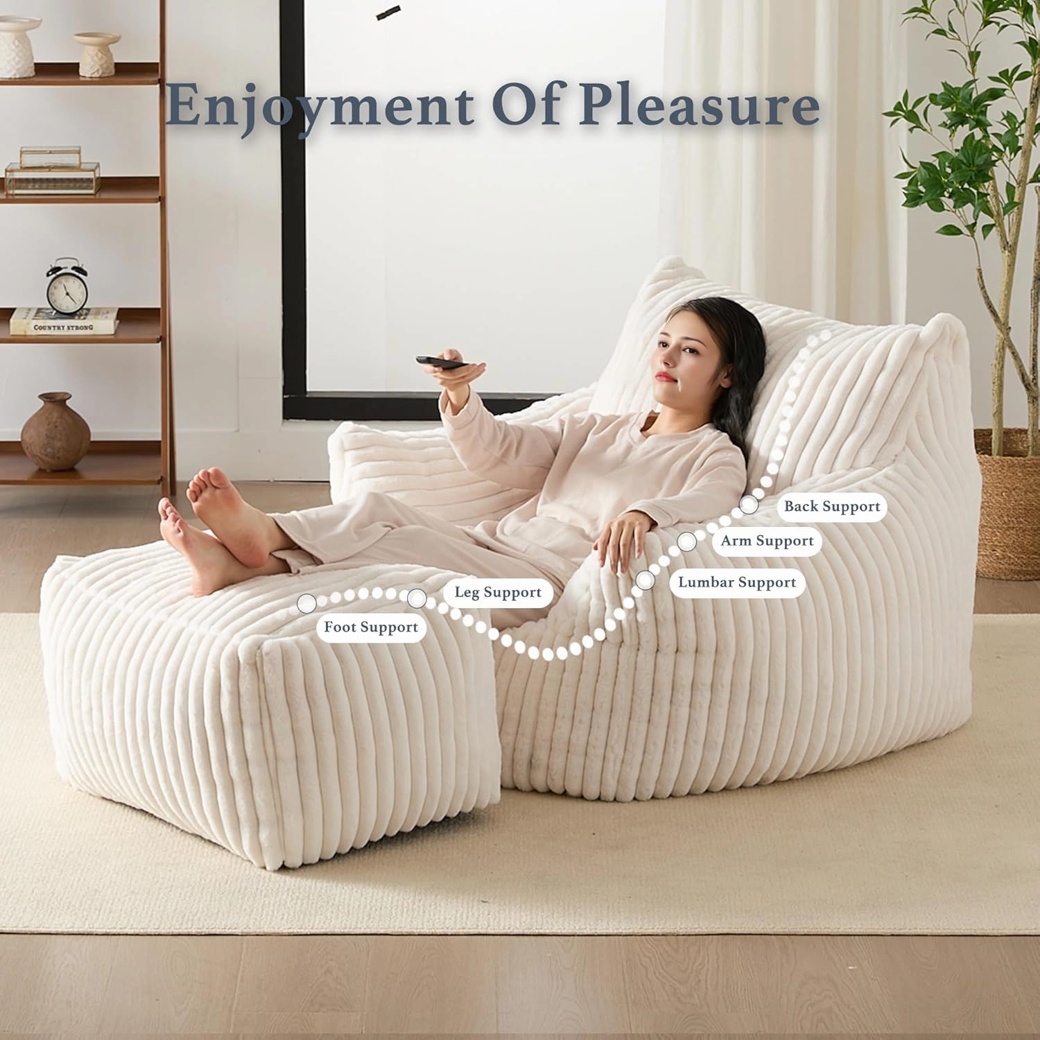 Giant Plush Bean Bag Chair for Adults with Armrests and Footstool - Oversized Comfy Beige Beanbag Chaise Lounge Lazy Floor Sofa Chair for Living Room, Bedroom & Dorm, Cozy Fluffy Cloud Mini Couch