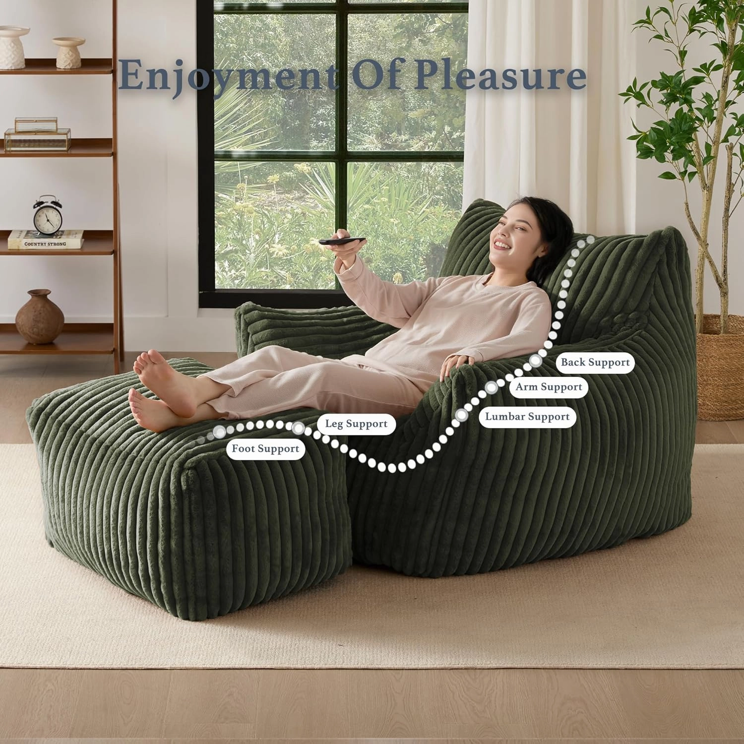 Giant Plush Bean Bag Chair for Adults with Armrests and Footstool - Oversized Comfy Green Beanbag Chaise Lounge Lazy Floor Sofa Chair for Living Room, Bedroom & Dorm, Cozy Fluffy Cloud Mini Couch