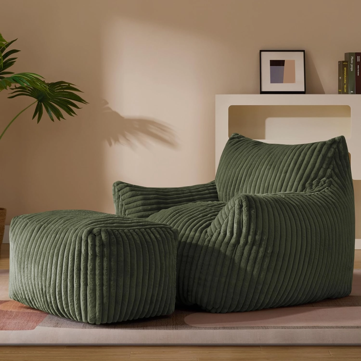 Giant Plush Bean Bag Chair for Adults with Armrests and Footstool - Oversized Comfy Green Beanbag Chaise Lounge Lazy Floor Sofa Chair for Living Room, Bedroom & Dorm, Cozy Fluffy Cloud Mini Couch