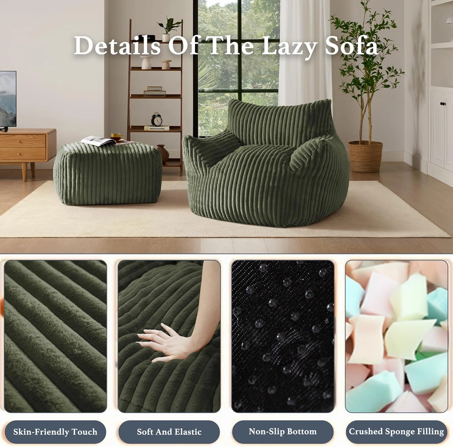 Giant Plush Bean Bag Chair for Adults with Armrests and Footstool - Oversized Comfy Green Beanbag Chaise Lounge Lazy Floor Sofa Chair for Living Room, Bedroom & Dorm, Cozy Fluffy Cloud Mini Couch