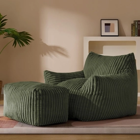 Giant Plush Bean Bag Chair for Adults with Armrests and Footstool - Oversized Comfy Green Beanbag Chaise Lounge Lazy Floor Sofa Chair for Living Room, Bedroom & Dorm, Cozy Fluffy Cloud Mini Couch