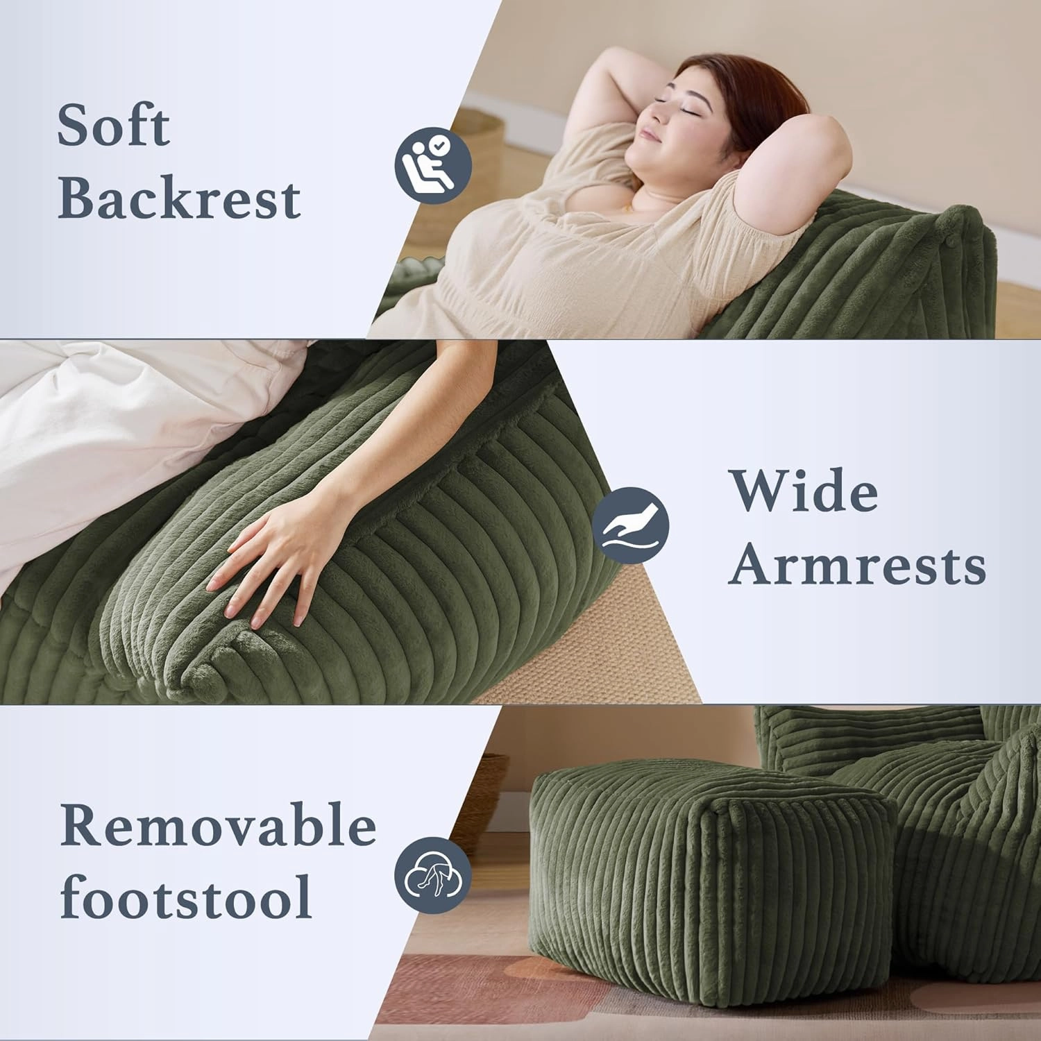 Giant Plush Bean Bag Chair for Adults with Armrests and Footstool - Oversized Comfy Green Beanbag Chaise Lounge Lazy Floor Sofa Chair for Living Room, Bedroom & Dorm, Cozy Fluffy Cloud Mini Couch